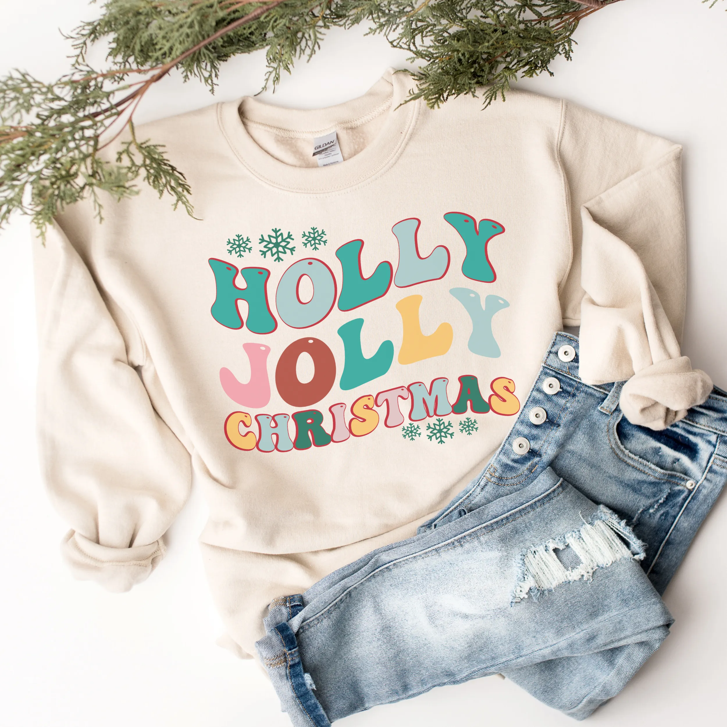 Holly Jolly Christmas Crewneck Sweatshirt Women's Pastel Retro Design Cute White or Ash Grey Cozy Gildan Christmas Pullover