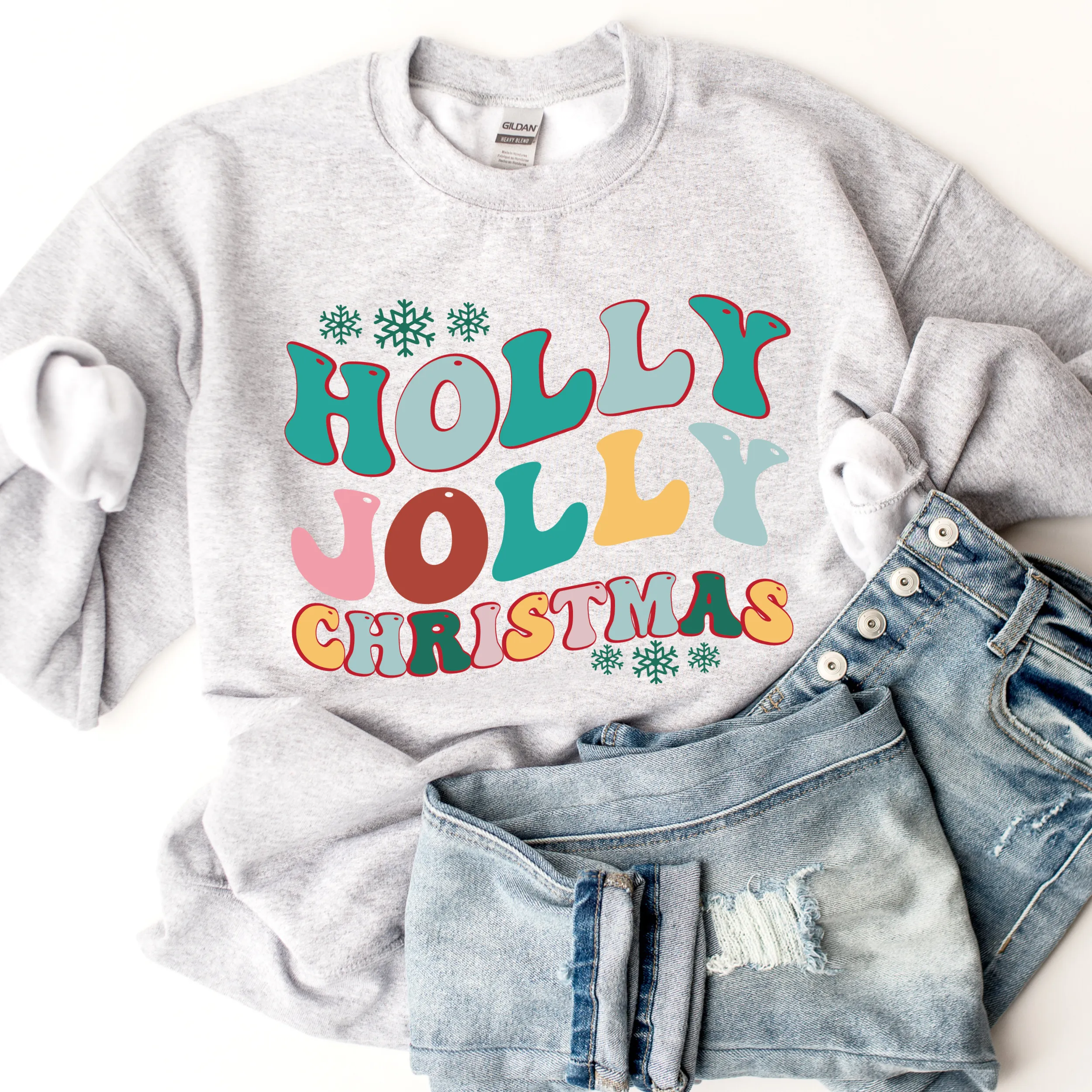 Holly Jolly Christmas Crewneck Sweatshirt Women's Pastel Retro Design Cute White or Ash Grey Cozy Gildan Christmas Pullover