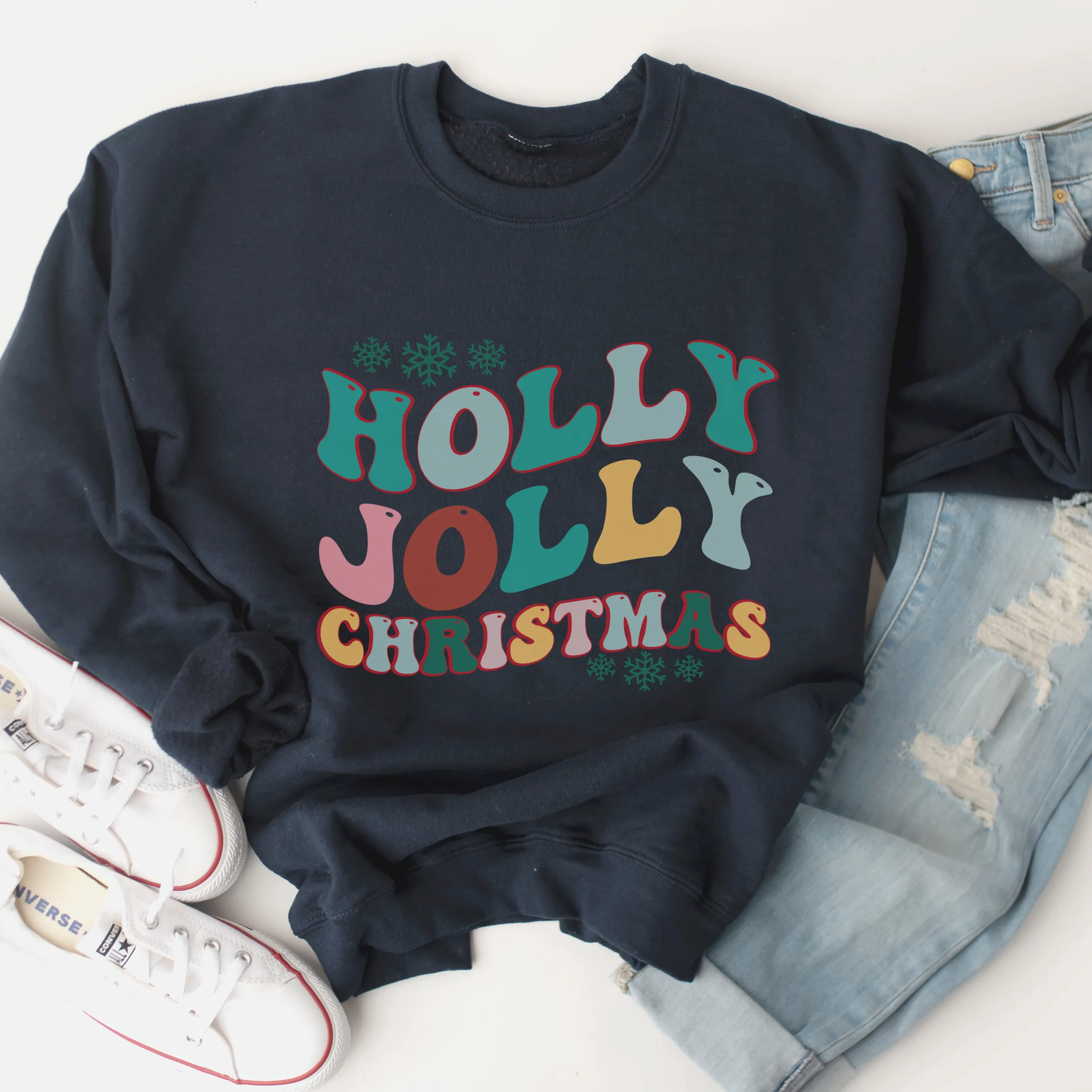 Holly Jolly Christmas Crewneck Sweatshirt Women's Pastel Retro Design Cute White or Ash Grey Cozy Gildan Christmas Pullover