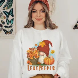 Leaf Peeper Gnome Crewneck Sweatshirt Fall Leaf Peeper Pullover Ash, Sand, or White Cozy Soft Gildan Sweatshirt Cute Gnome in Sweater Cap