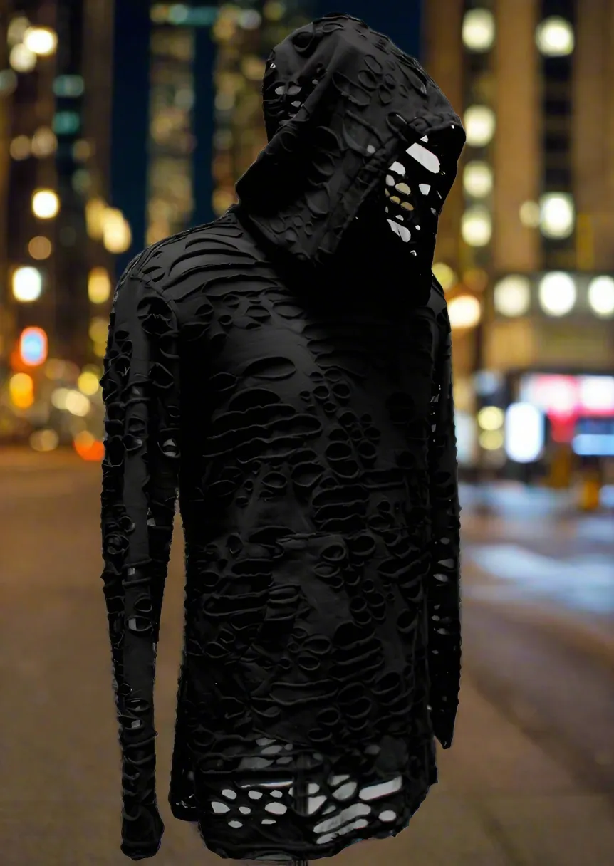 MEN'S LONG SLEEVE HOODIE - BLACK DECAYED FABRIC