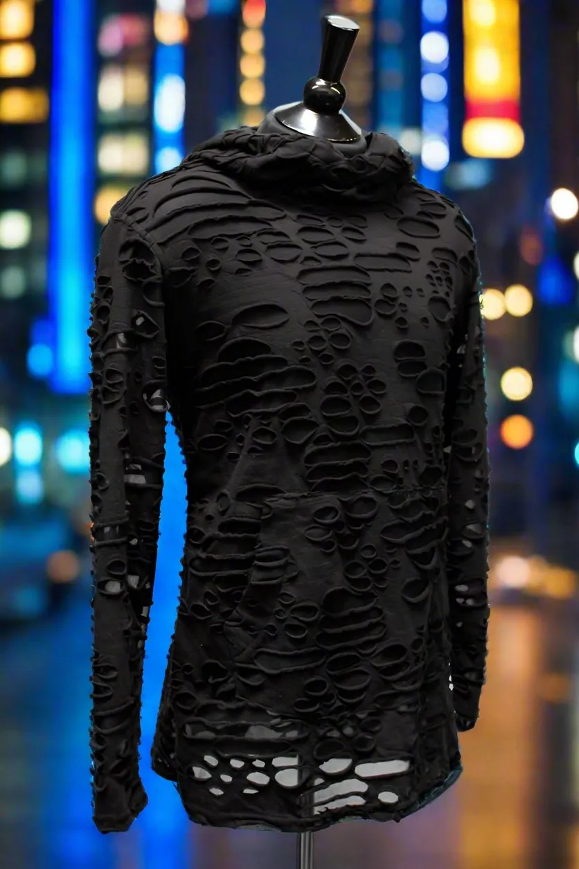 MEN'S LONG SLEEVE HOODIE - BLACK DECAYED FABRIC