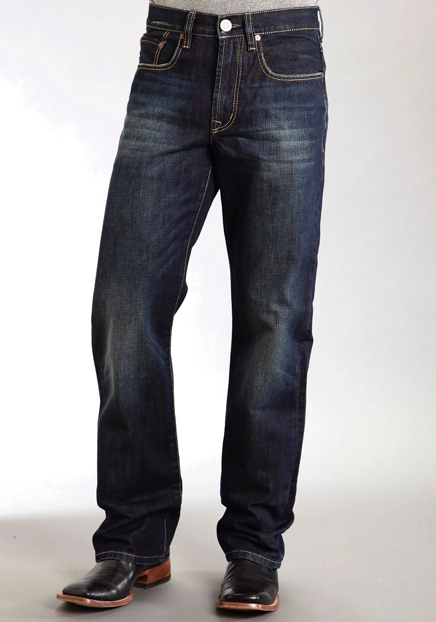 Mens Stetson Blue Cotton Blend Double Needle X Stitch Straight Modern Jeans