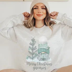 Merry Christmas, Gnomies Crewneck Sweatshirt Women's Pastel Mint Watercolor Gnome White or Ash Grey Cozy Gildan Christmas Pullover