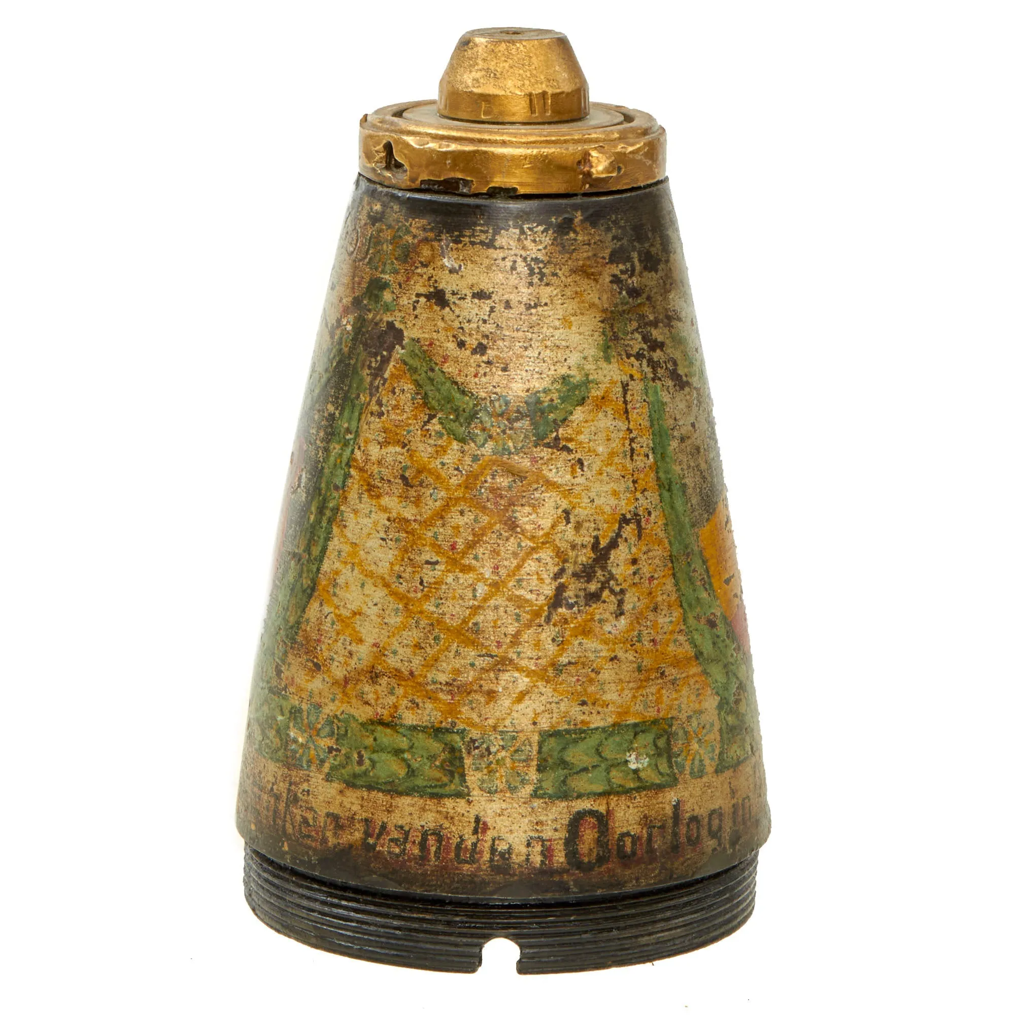 Original Belgian WWI Inert 75mm Fuse Painted Trench Art As Featured In The Book “Trench Art, An Illustrated History” by Jane Kimball on Page 164