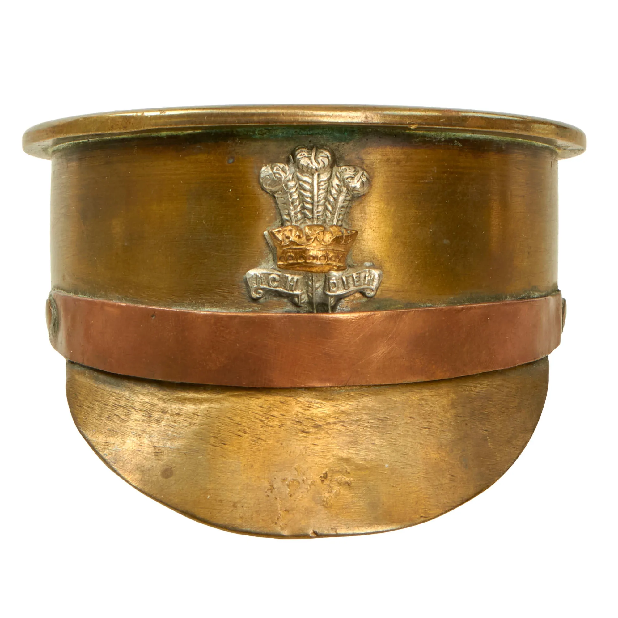 Original British WWI Trench Art Artillery Shell Officer's Visor Cap with Prince of Wales Leinster Regiment Badge