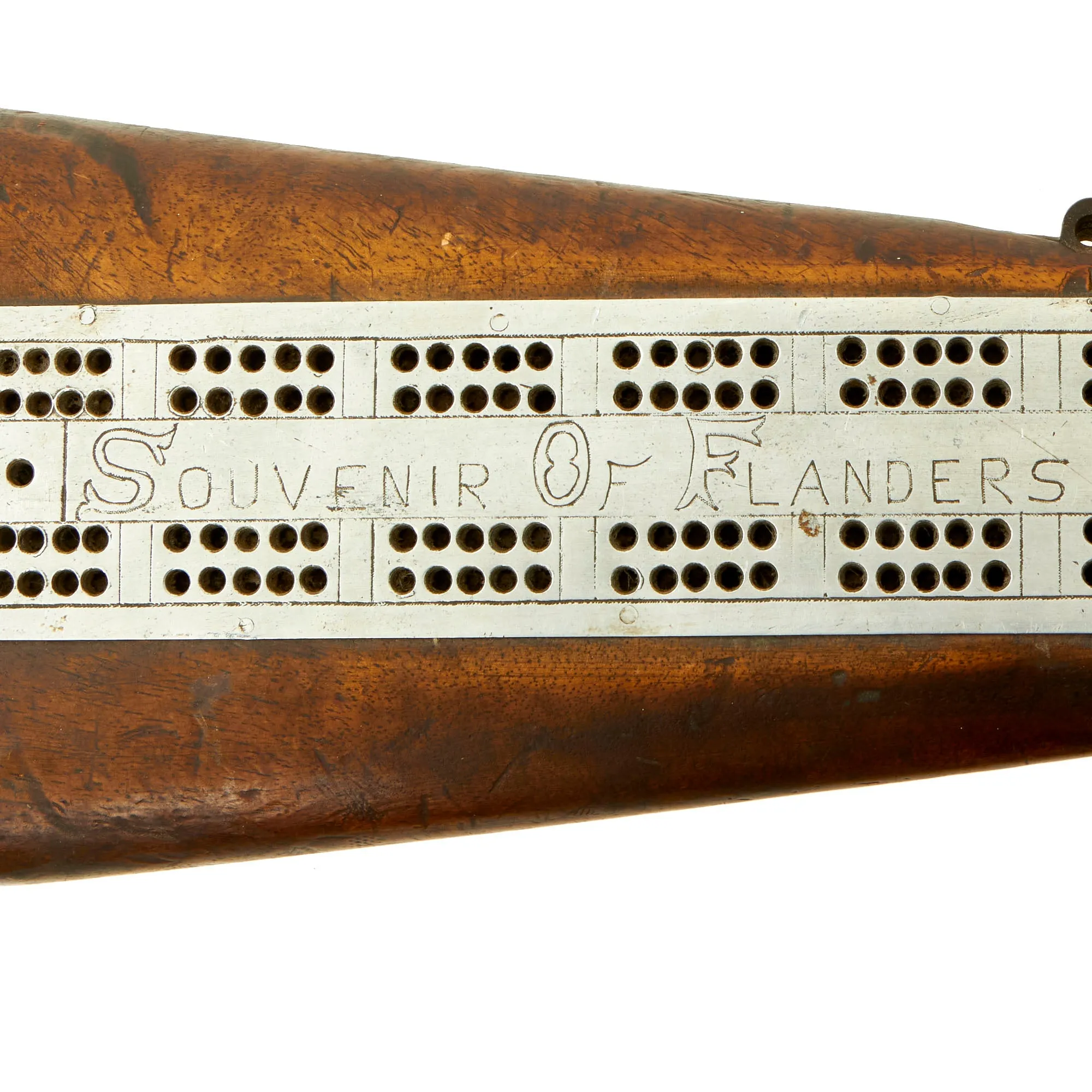 Original British WWI Trench Art Cribbage Board Constructed From German Gewehr 98 Buttstock Taken From Battle of Pilkem Ridge Location in 1917 - Third Battle of Ypres