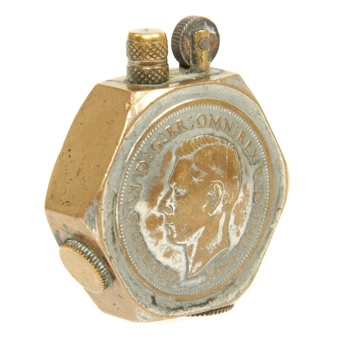 Original British WWII Tommy Trench Art Two Penny Brass Lighter - George V and George VI