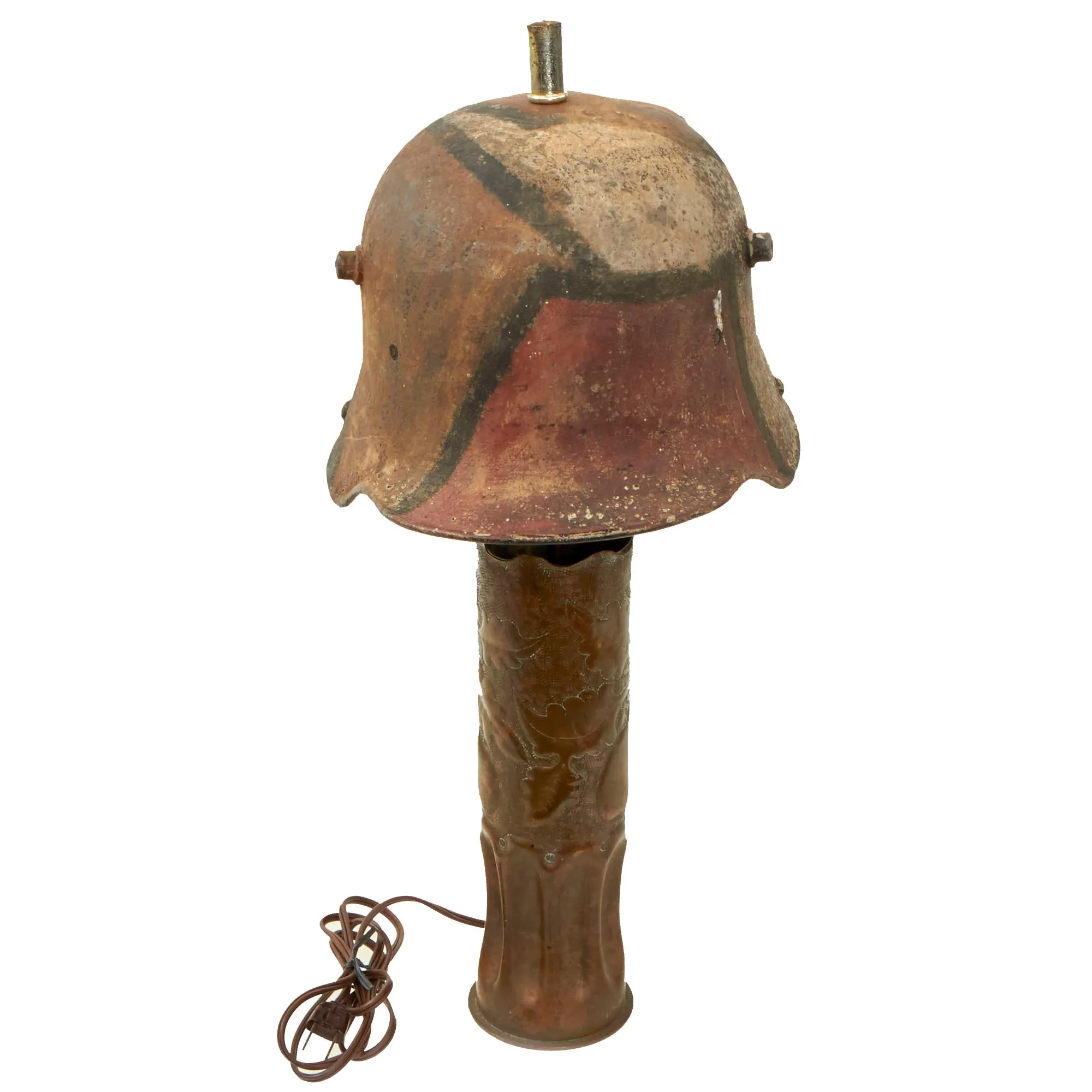 Original German WWI Artillery Shell Casing Trench Art Lamp with Camouflage M16 Helmet Lampshade - Functional