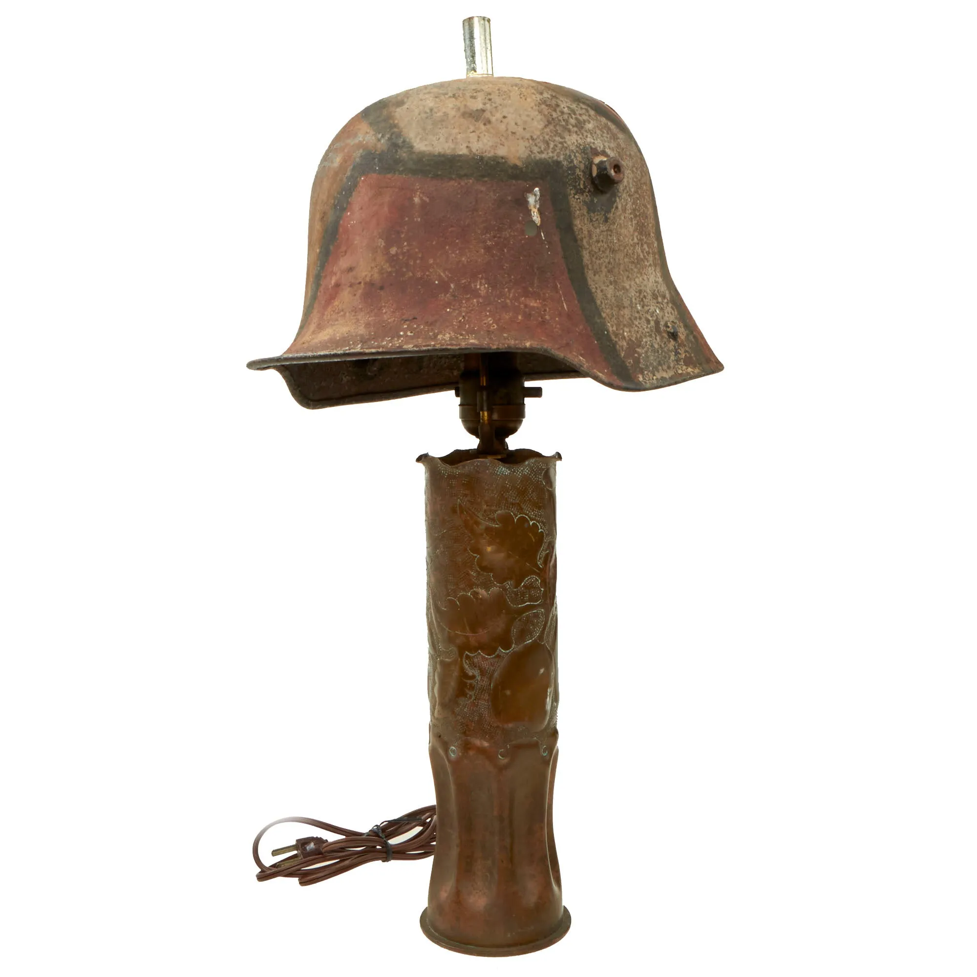 Original German WWI Artillery Shell Casing Trench Art Lamp with Camouflage M16 Helmet Lampshade - Functional