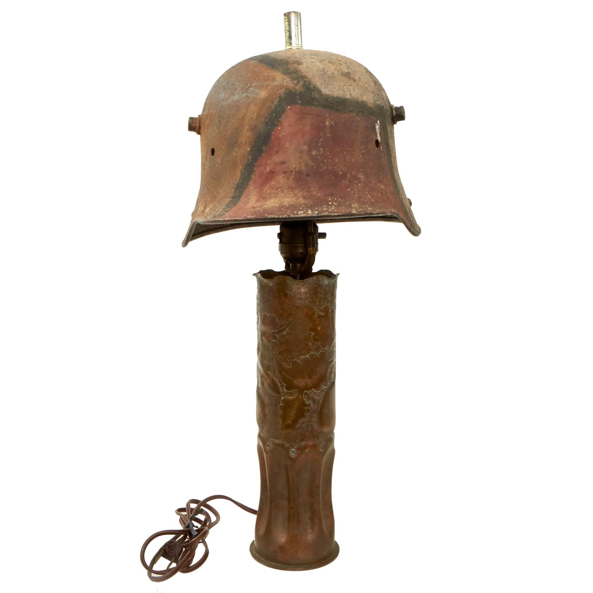 Original German WWI Artillery Shell Casing Trench Art Lamp with Camouflage M16 Helmet Lampshade - Functional