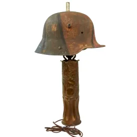 Original German WWI Artillery Shell Casing Trench Art Lamp with Camouflage M16 Helmet Lampshade - Functional