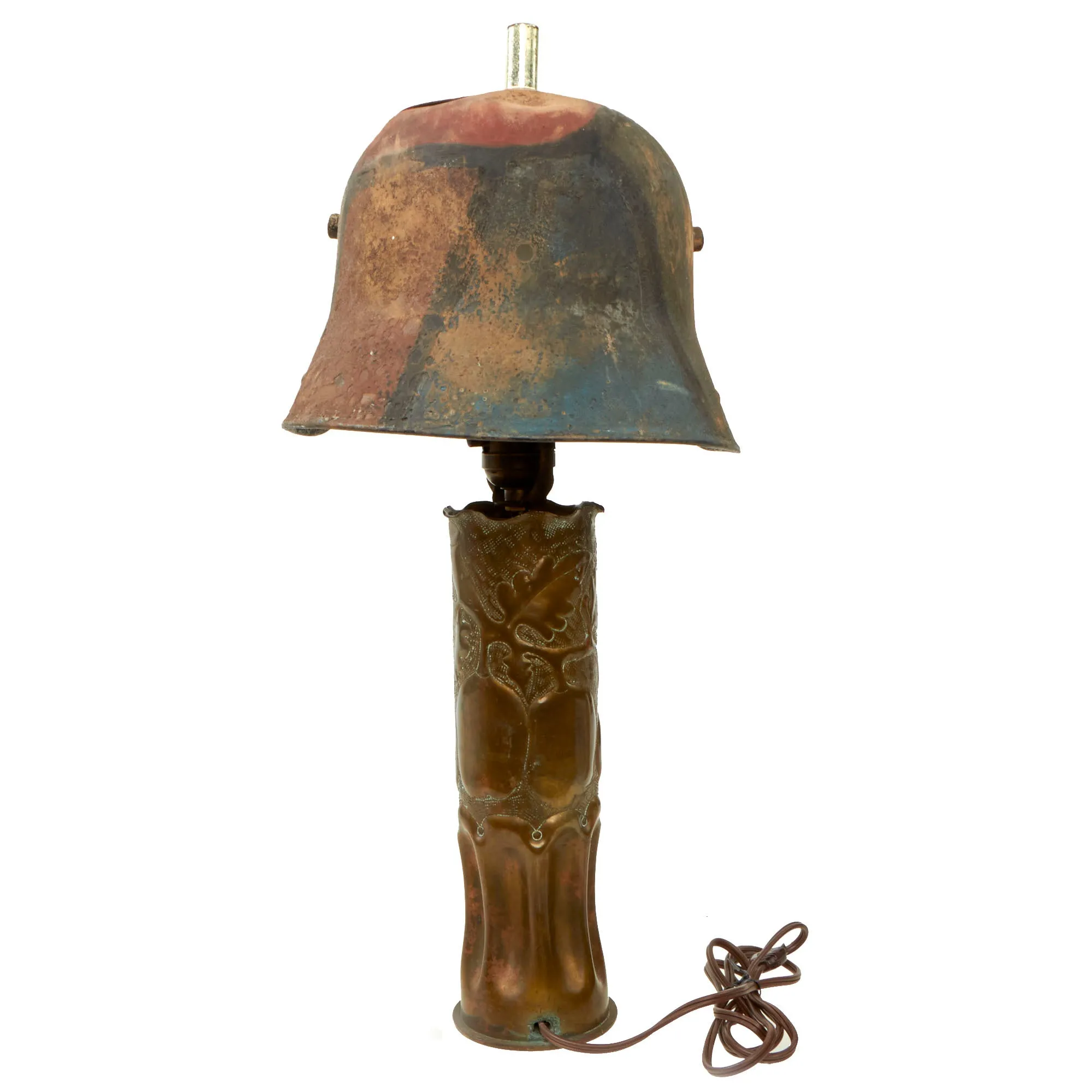 Original German WWI Artillery Shell Casing Trench Art Lamp with Camouflage M16 Helmet Lampshade - Functional