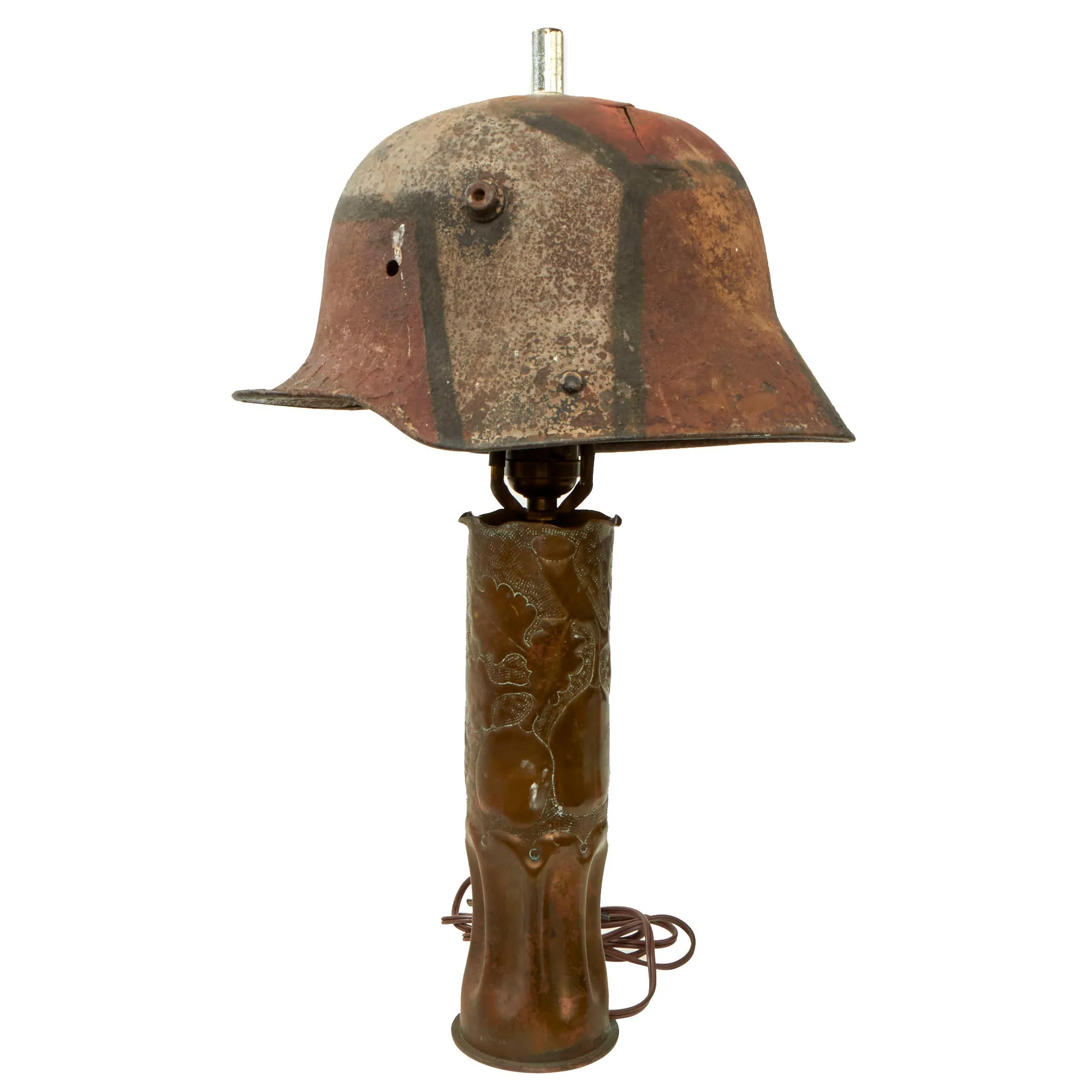 Original German WWI Artillery Shell Casing Trench Art Lamp with Camouflage M16 Helmet Lampshade - Functional