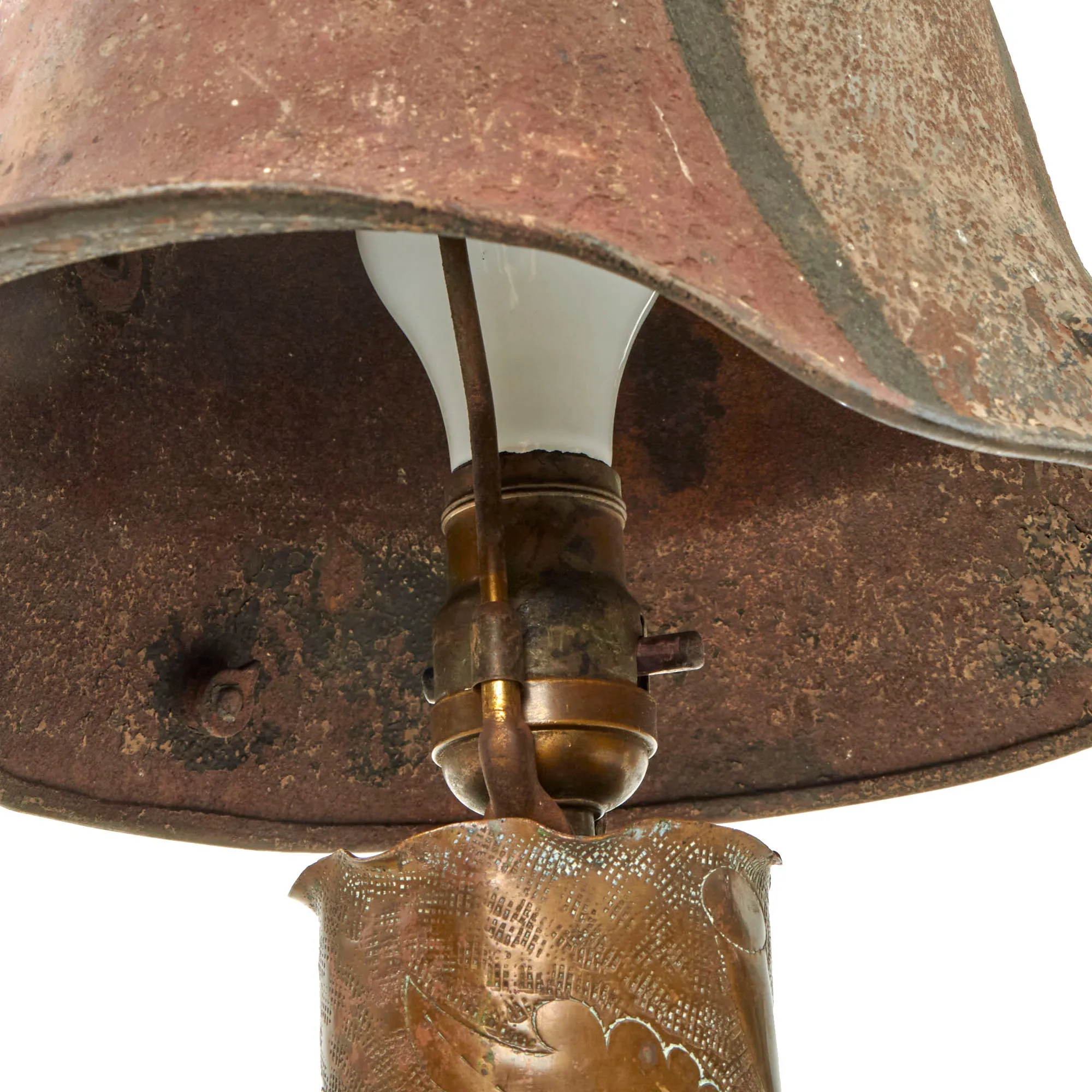 Original German WWI Artillery Shell Casing Trench Art Lamp with Camouflage M16 Helmet Lampshade - Functional