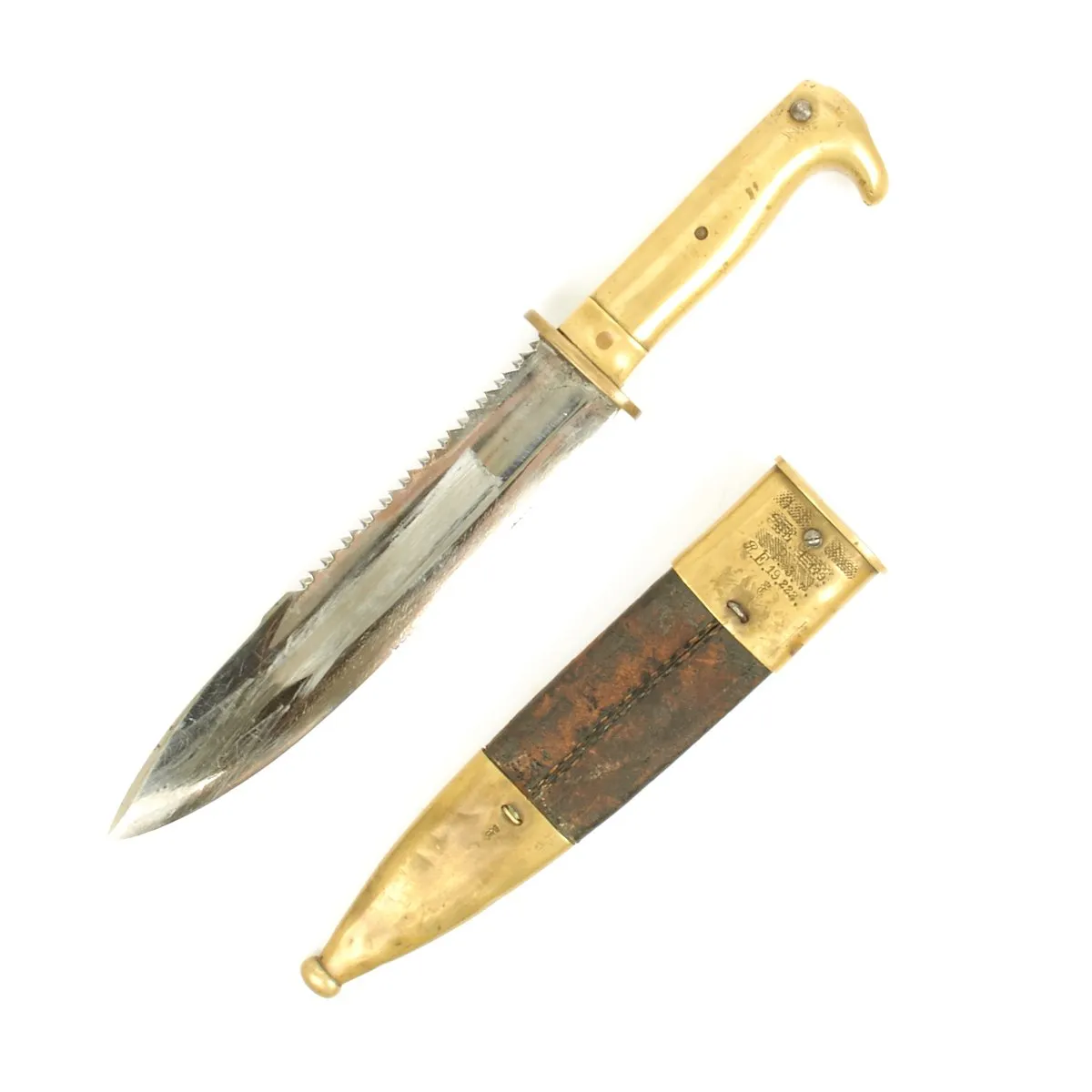 Original German WWI Trench Knife with Scabbard made from Mauser 1871 Pioneer Sawback Bayonet