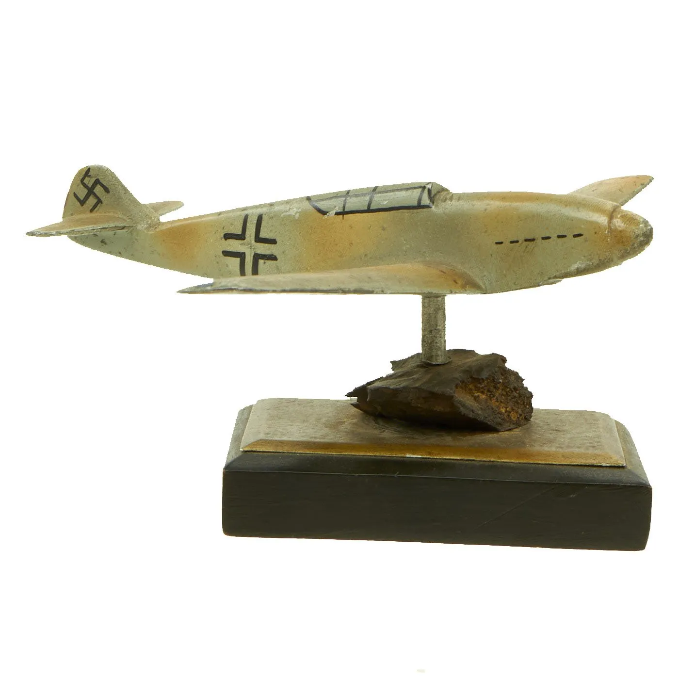 Original German WWII Trench Art Model Luftwaffe Messerschmitt Bf 109 with Shrapnel Fragment - ME-109