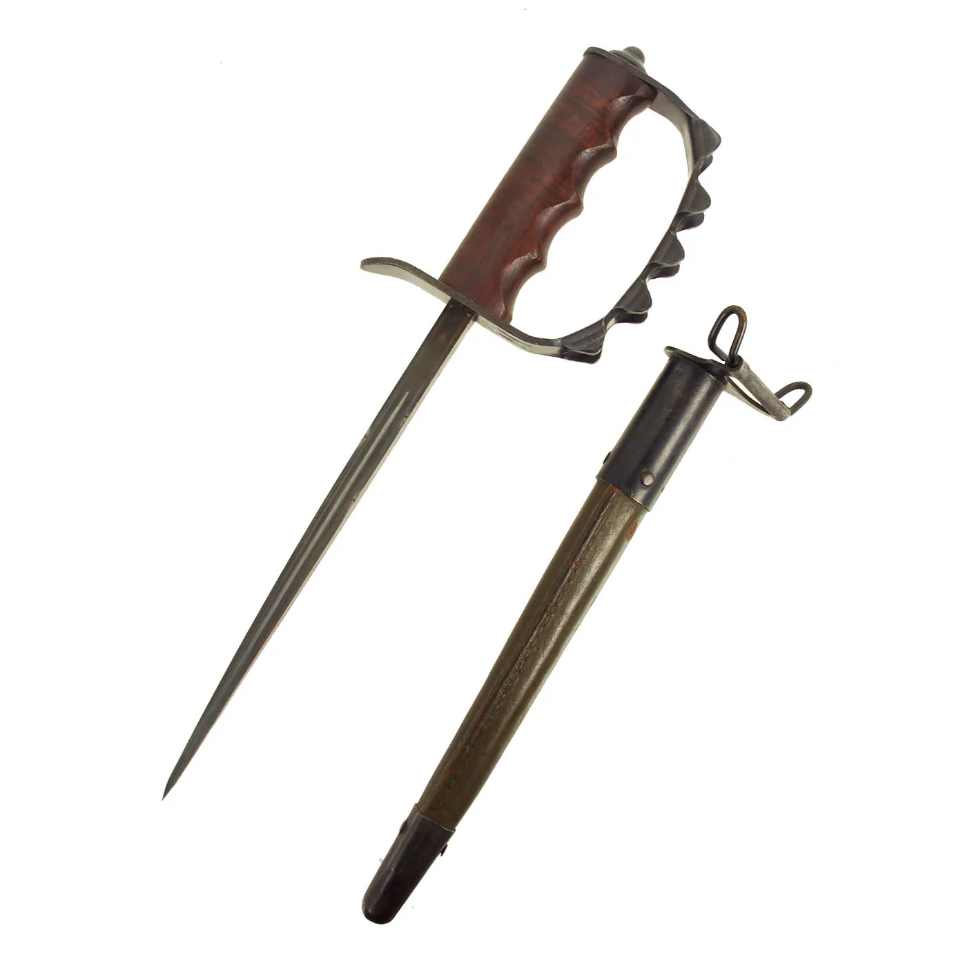 Original U.S. WWI M1917 Trench Knife by American Cutlery Company with Scabbard by Jewell dated 1918 - Unique Figured Wood Grip