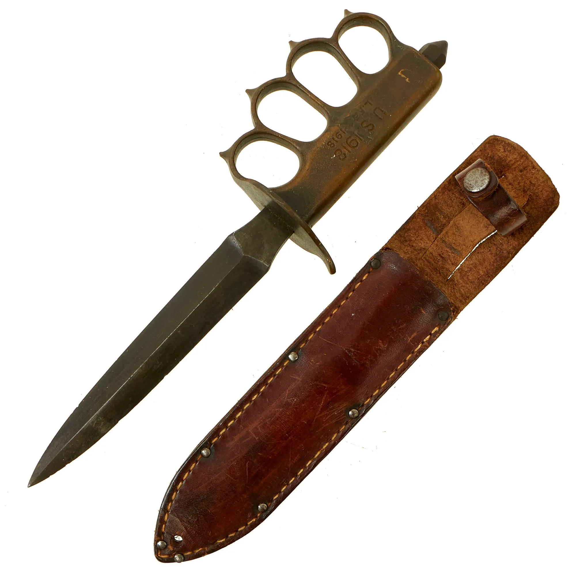 Original U.S. WWI Model 1918 Mark I Trench Knife by L. F. & C. with Leather Scabbard