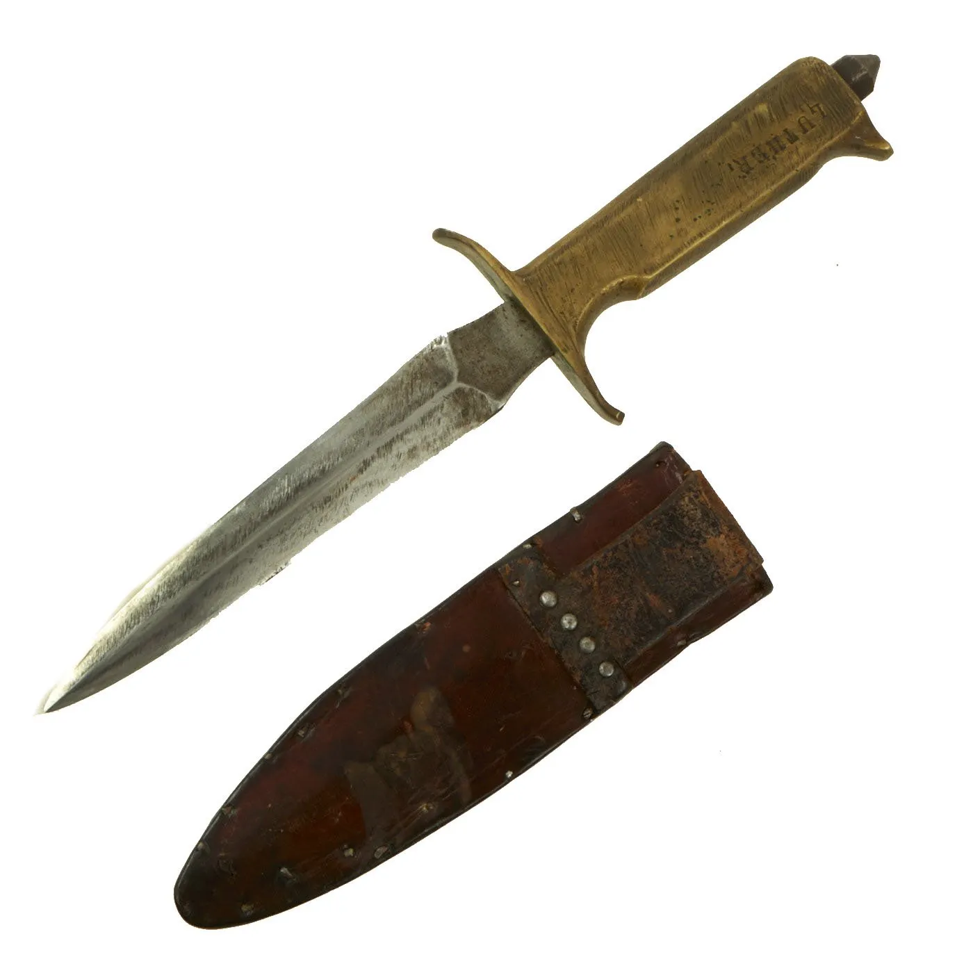 Original U.S. WWI Model 1918 Mark I Trench Knife Converted to WWII Fighting Knife with Leather Scabbard