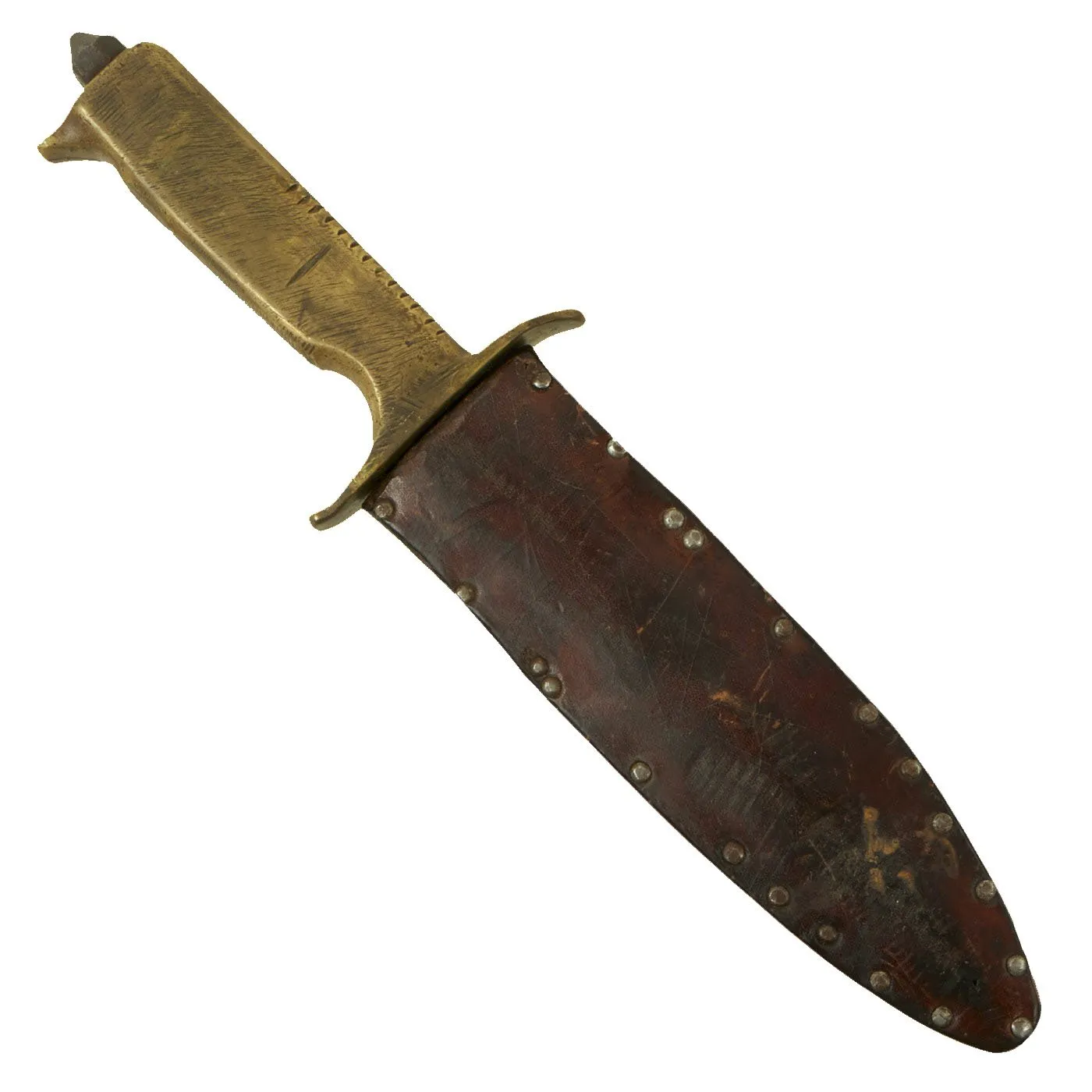 Original U.S. WWI Model 1918 Mark I Trench Knife Converted to WWII Fighting Knife with Leather Scabbard