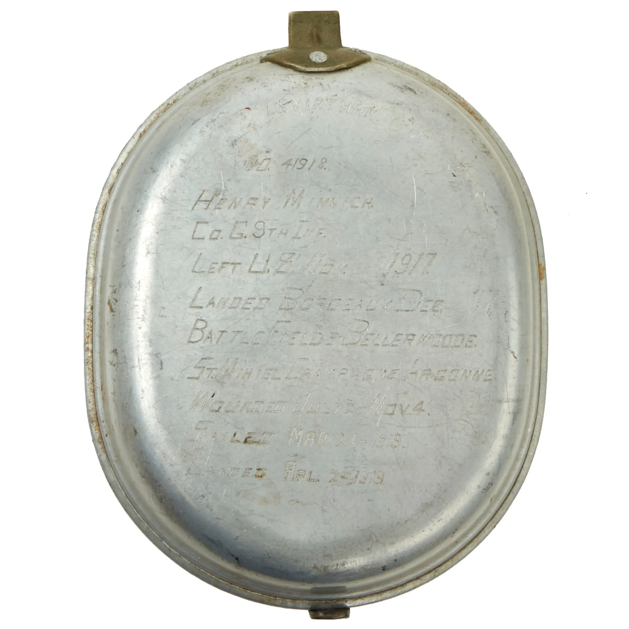 Original U.S. WWI Trench Art M1910 Mess Kit by L.F.&C. Personalized by Private Henry Minnich, 9th Infantry Division