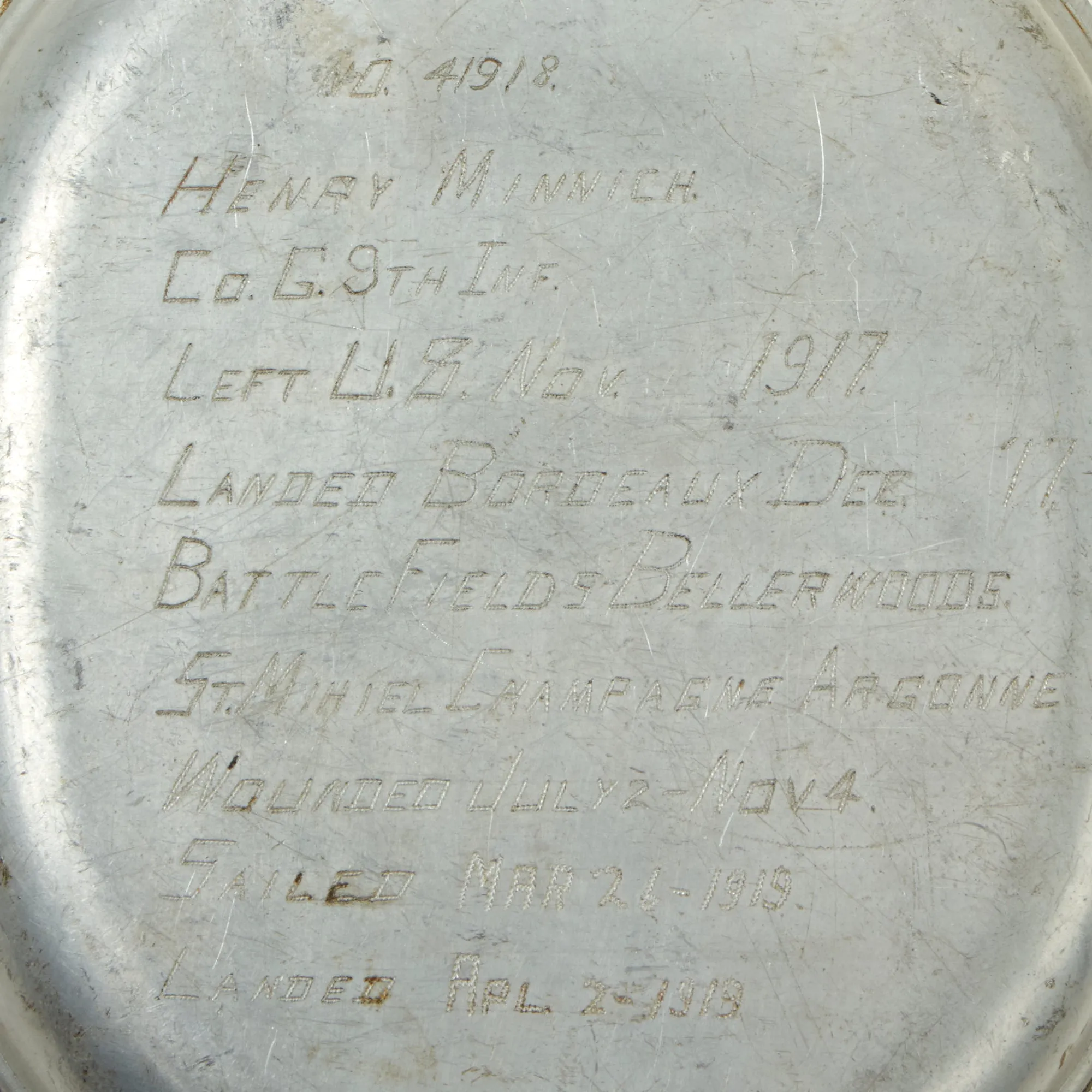 Original U.S. WWI Trench Art M1910 Mess Kit by L.F.&C. Personalized by Private Henry Minnich, 9th Infantry Division