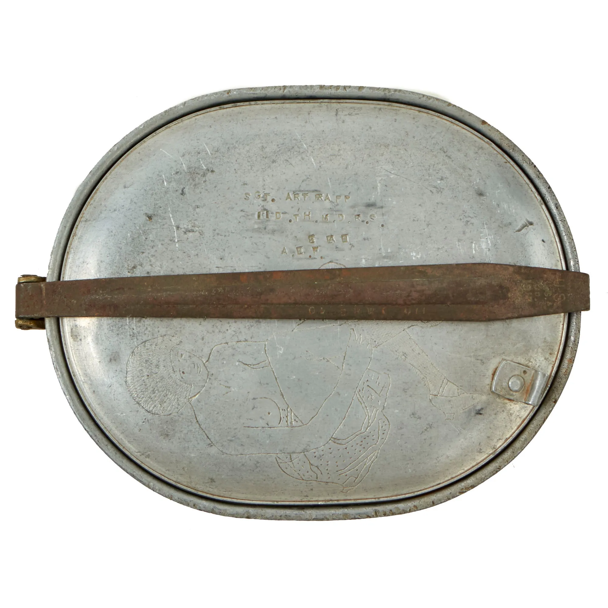 Original U.S. WWI Trench Art M1910 Mess Kit by T.U.S.A. Personalized by Sergeant Arthur Rapp, 11th Infantry Division, As Featured In The Book “Trench Art, An Illustrated History” by Jane Kimball on Page 226