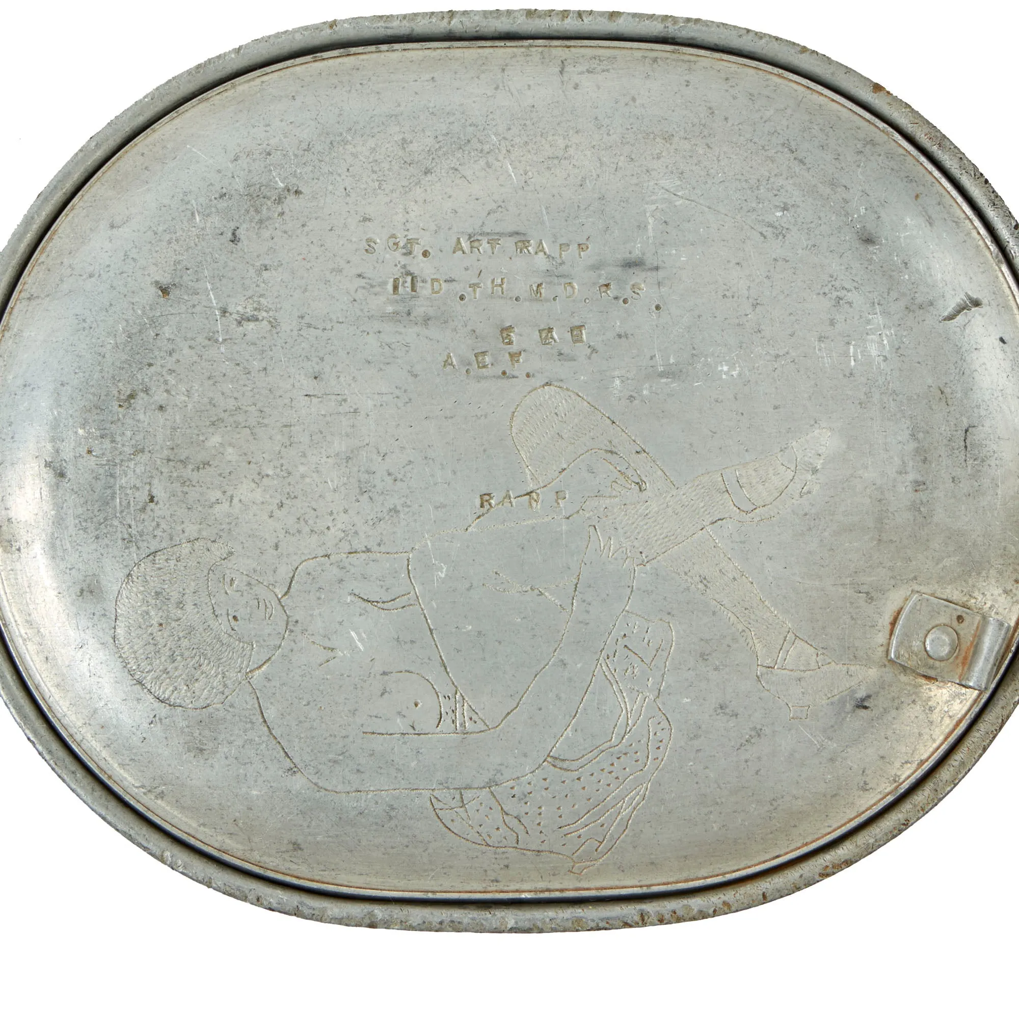 Original U.S. WWI Trench Art M1910 Mess Kit by T.U.S.A. Personalized by Sergeant Arthur Rapp, 11th Infantry Division, As Featured In The Book “Trench Art, An Illustrated History” by Jane Kimball on Page 226