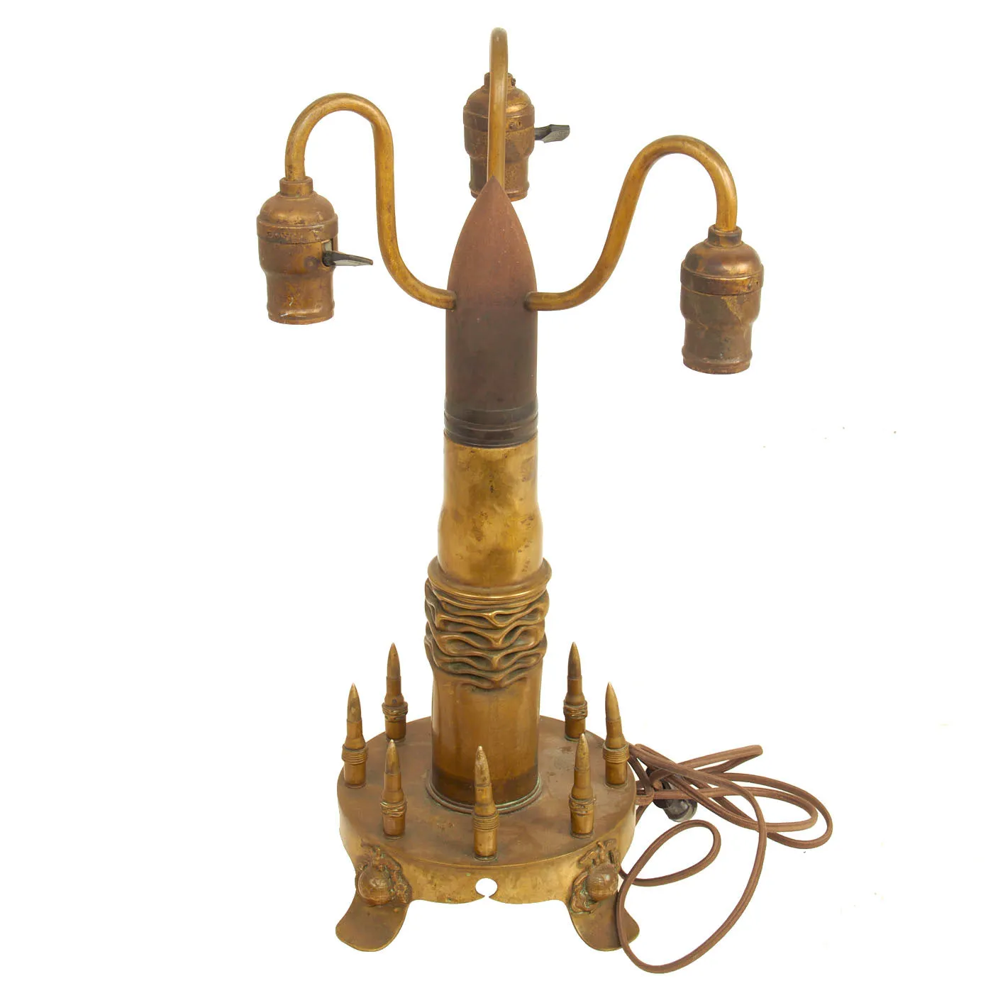 Original U.S. WWI US Marine Corps Inert Artillery Shell Trench Art Lamp Featuring 4 Pattern 1912 Eagle, Globe and Anchors