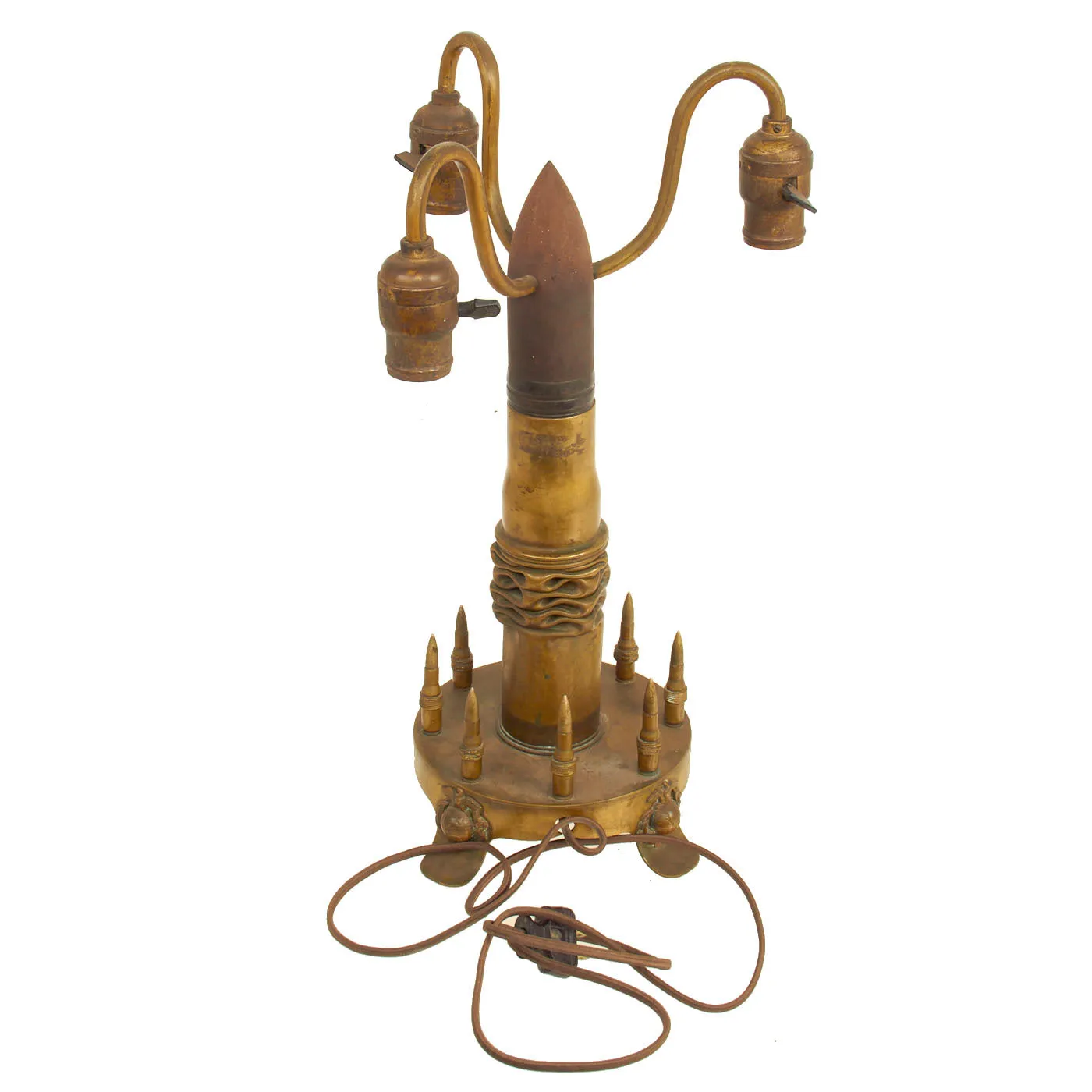 Original U.S. WWI US Marine Corps Inert Artillery Shell Trench Art Lamp Featuring 4 Pattern 1912 Eagle, Globe and Anchors