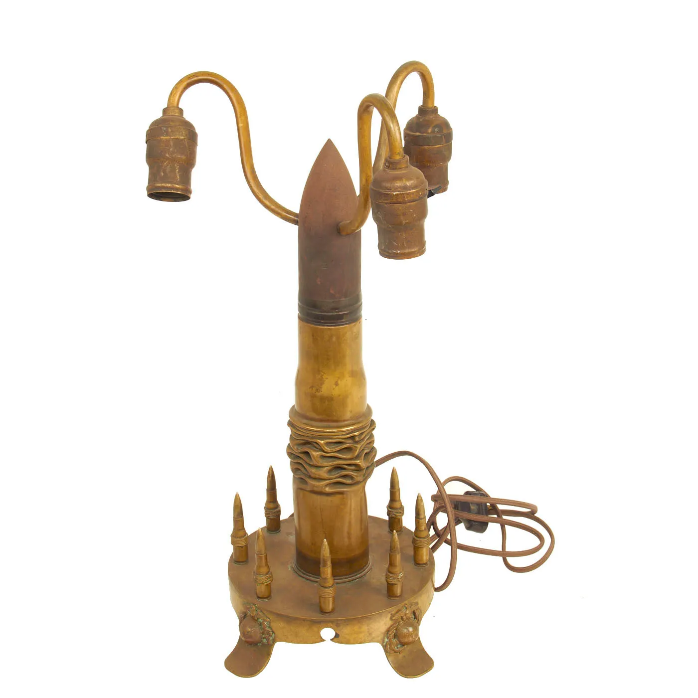 Original U.S. WWI US Marine Corps Inert Artillery Shell Trench Art Lamp Featuring 4 Pattern 1912 Eagle, Globe and Anchors