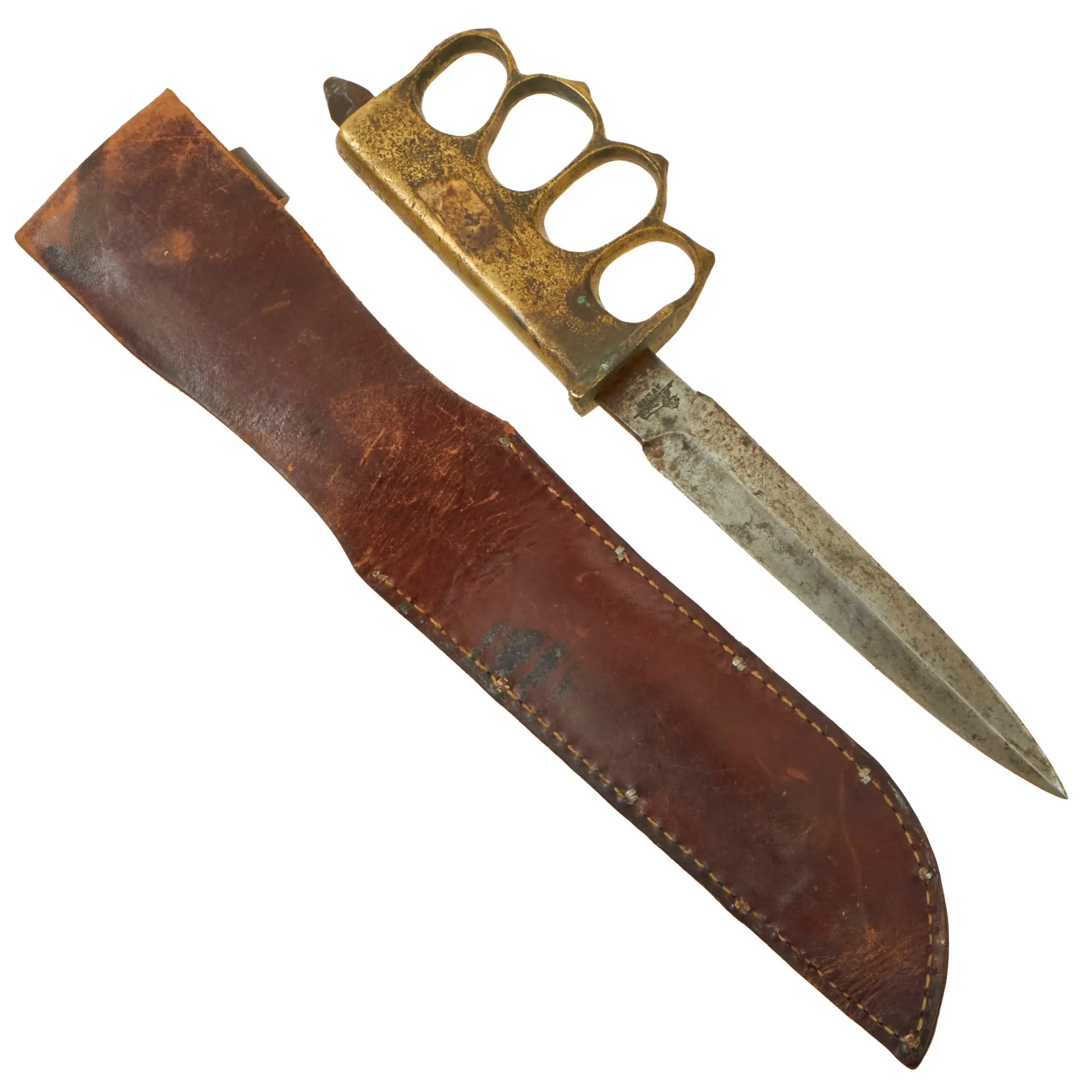 Original U.S. WWI / WWII “Paratrooper” Modified Model 1918 Mark I Trench Knife by AU LION with Leather Sheath - Complete Marking