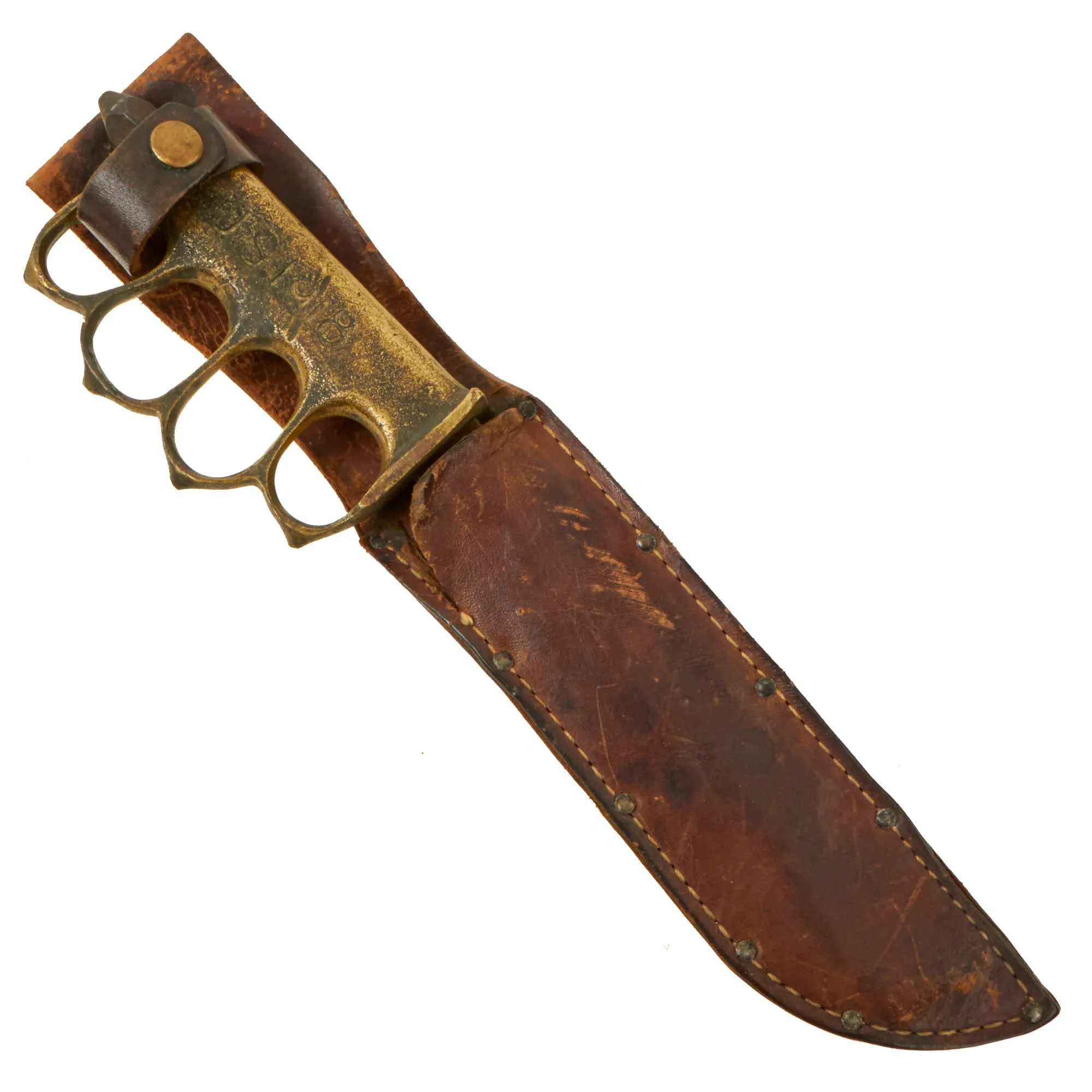 Original U.S. WWI / WWII “Paratrooper” Modified Model 1918 Mark I Trench Knife by AU LION with Leather Sheath - Complete Marking