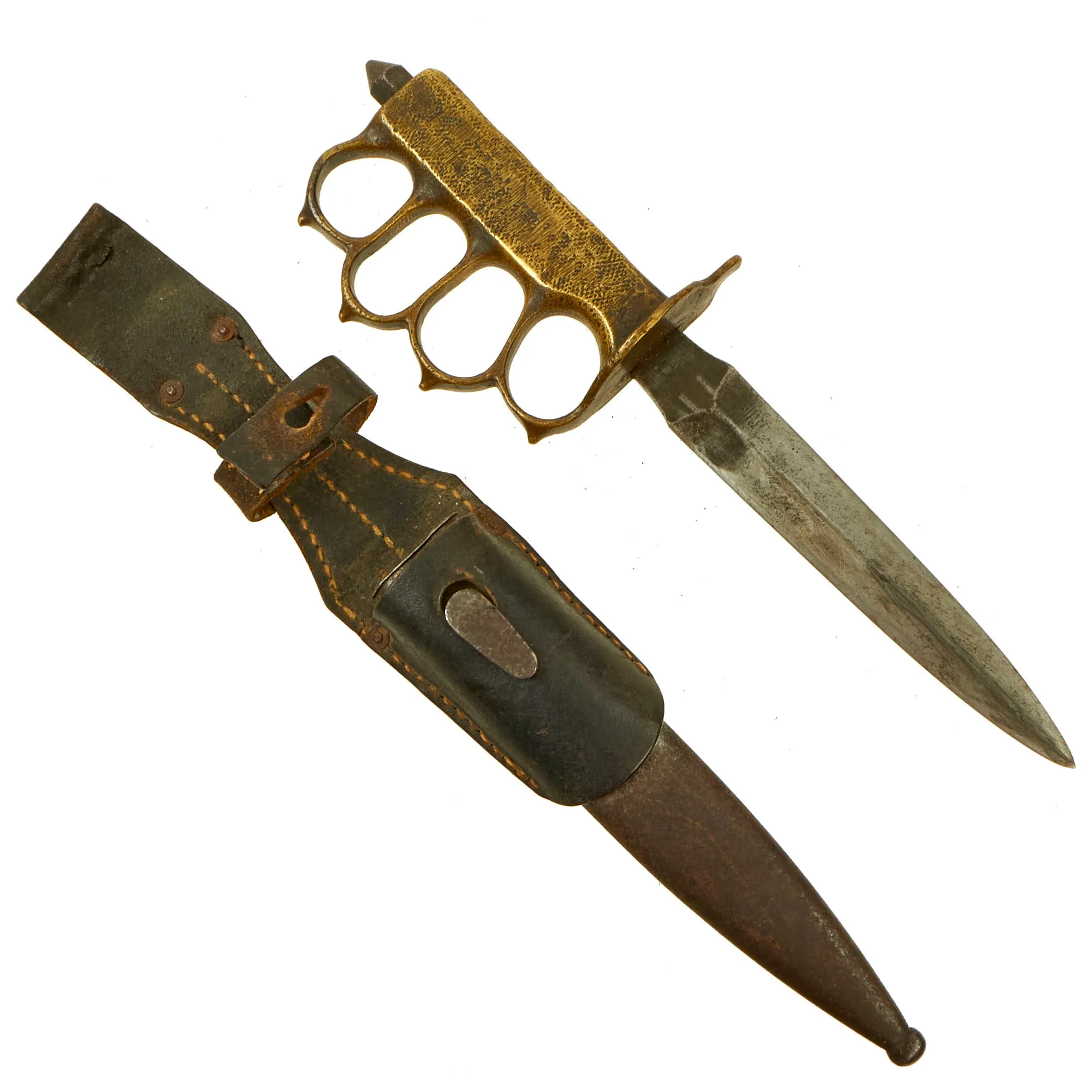 Original U.S. WWI/WWII Model 1918 Mark 1 Trench Knife “Paratrooper” Modified with Cut Down German 98k Frog and Scabbard