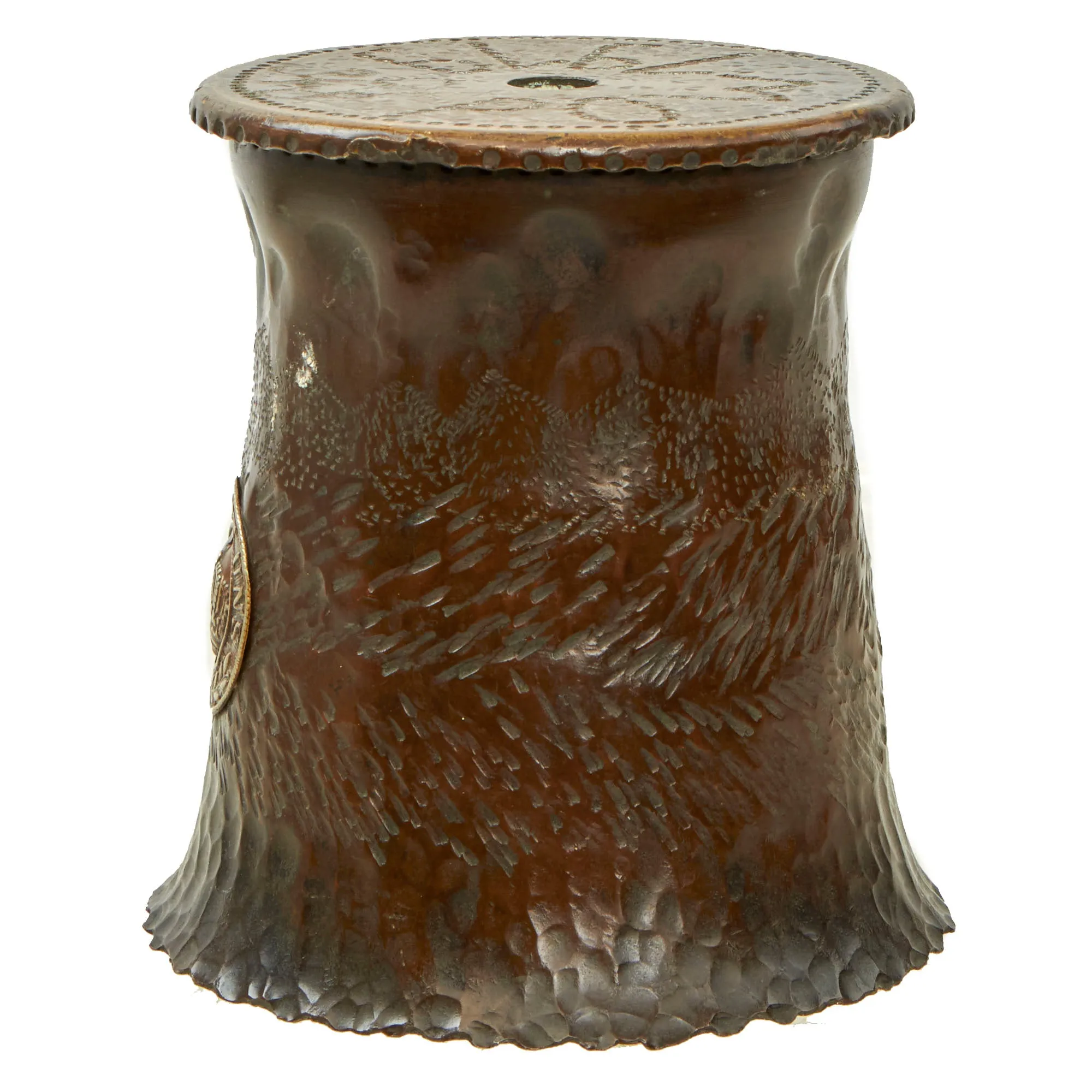 Original WWI German POW Trench Art Brass 115mm Shell Casing Vase With “Gott Mit Uns” Buckle roundel Applied, As Featured In The Book “Trench Art, An Illustrated History” by Jane Kimball on Page 263