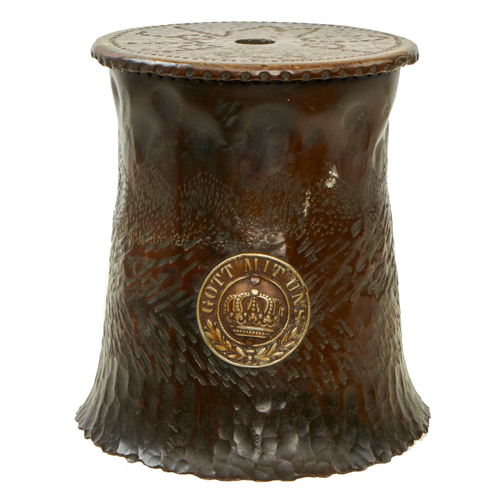 Original WWI German POW Trench Art Brass 115mm Shell Casing Vase With “Gott Mit Uns” Buckle roundel Applied, As Featured In The Book “Trench Art, An Illustrated History” by Jane Kimball on Page 263