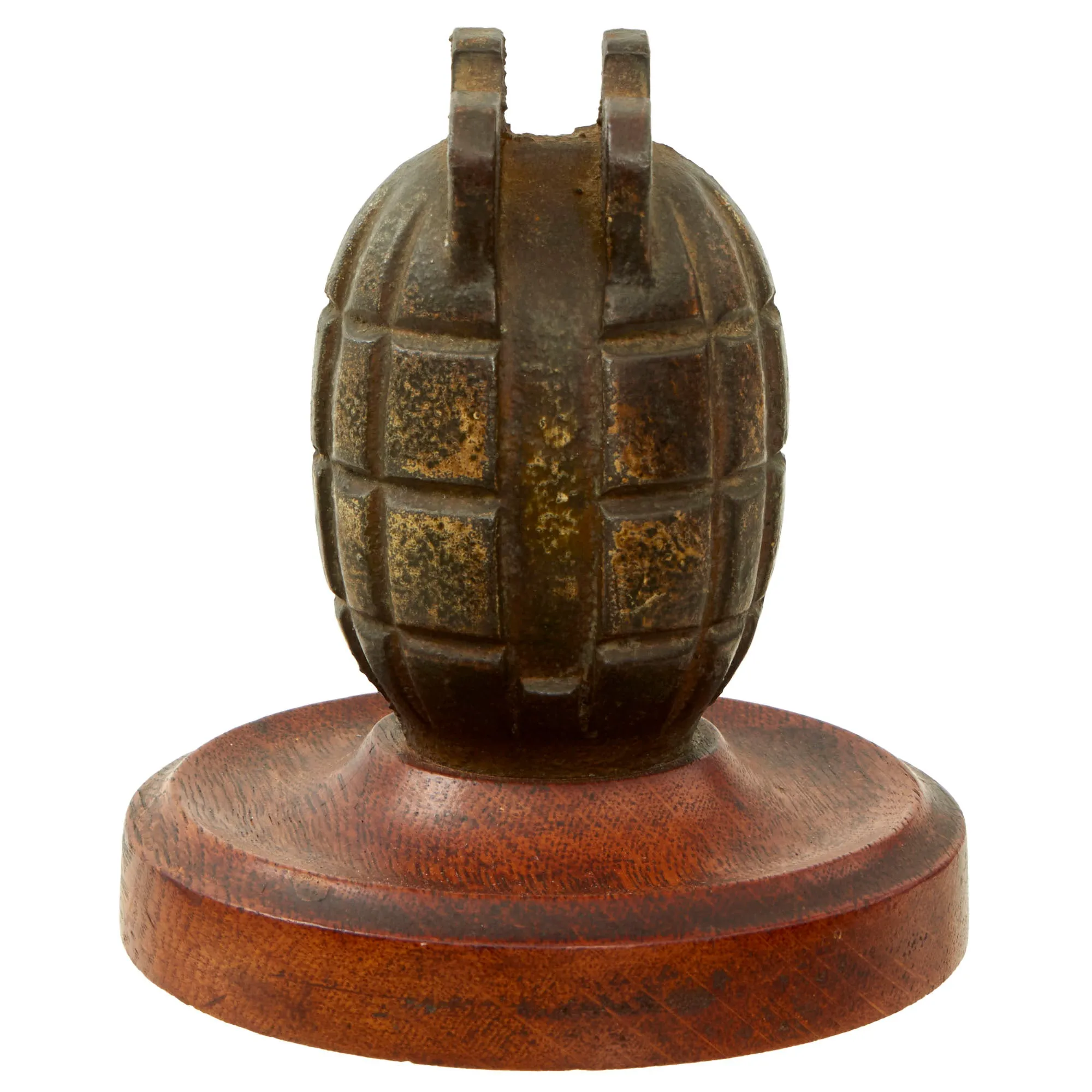 Original WWII British No.36 Mills Bomb Grenade Trench Art Desk Pencil Holder on Wooden Stand