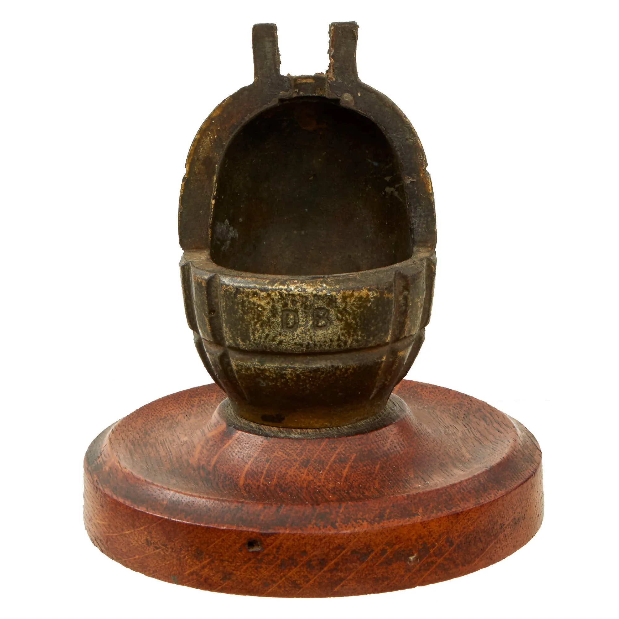 Original WWII British No.36 Mills Bomb Grenade Trench Art Desk Pencil Holder on Wooden Stand