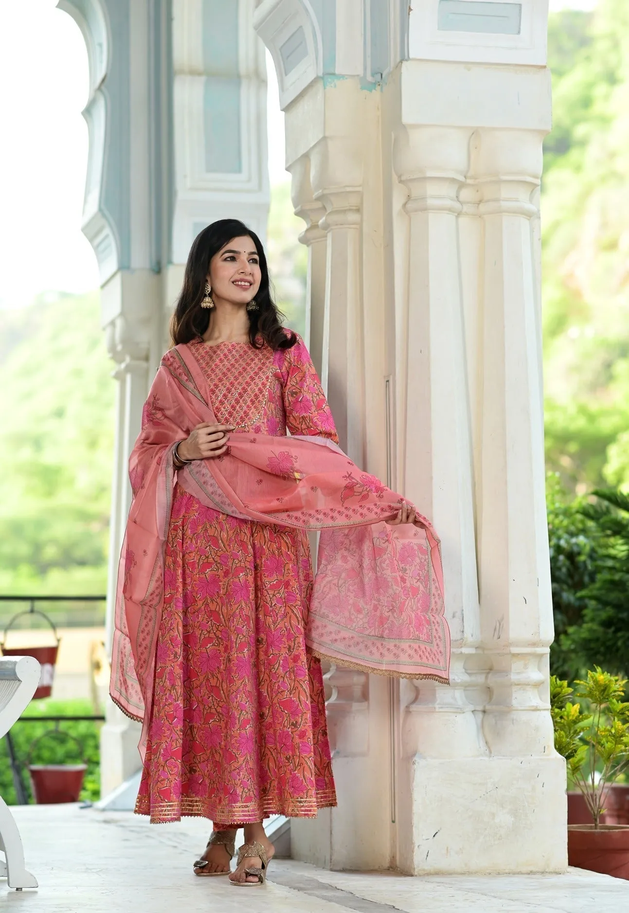 Pink Handblock Dupatta Set