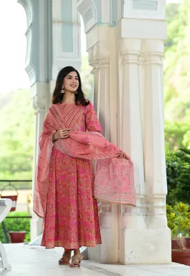 Pink Handblock Dupatta Set