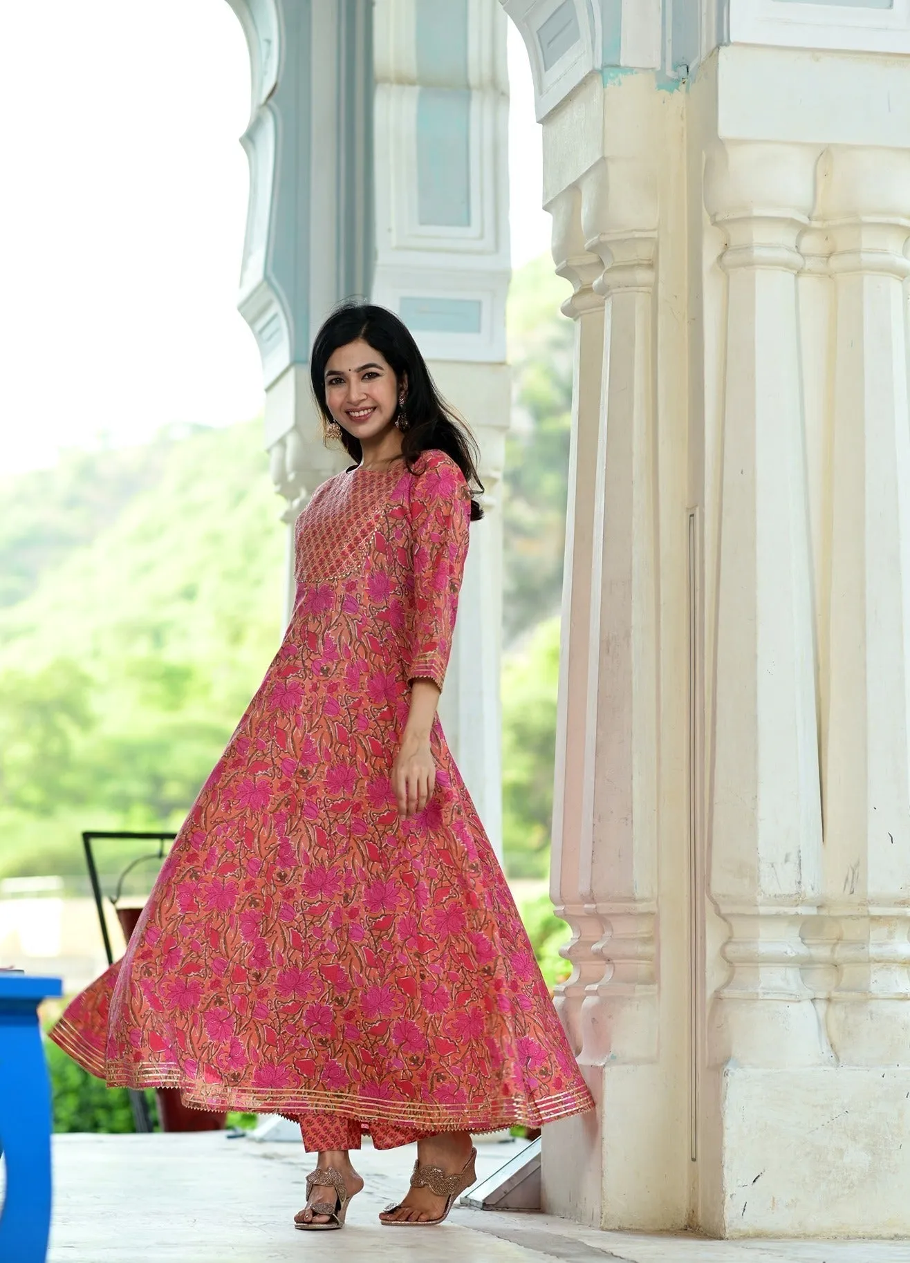 Pink Handblock Dupatta Set