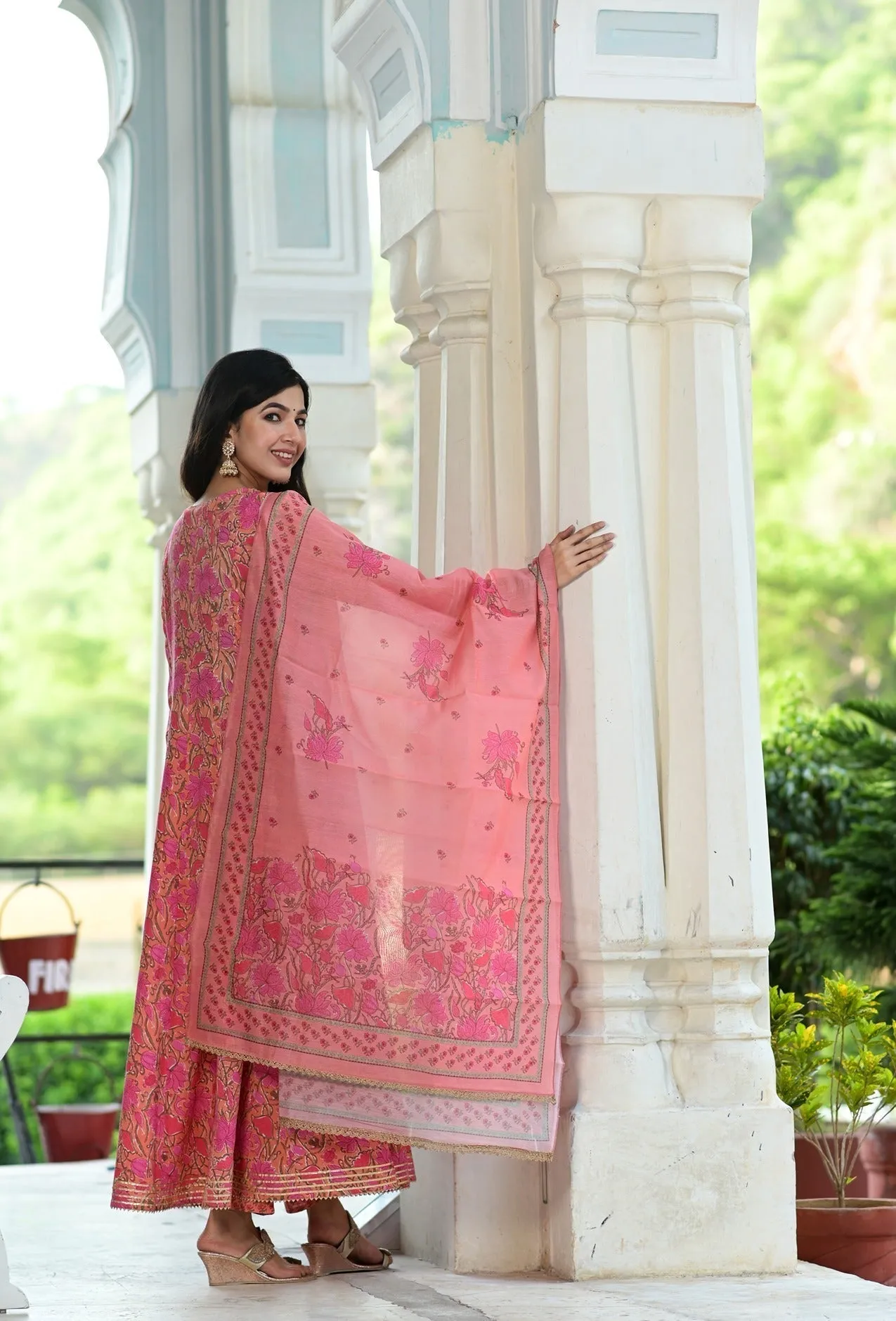 Pink Handblock Dupatta Set