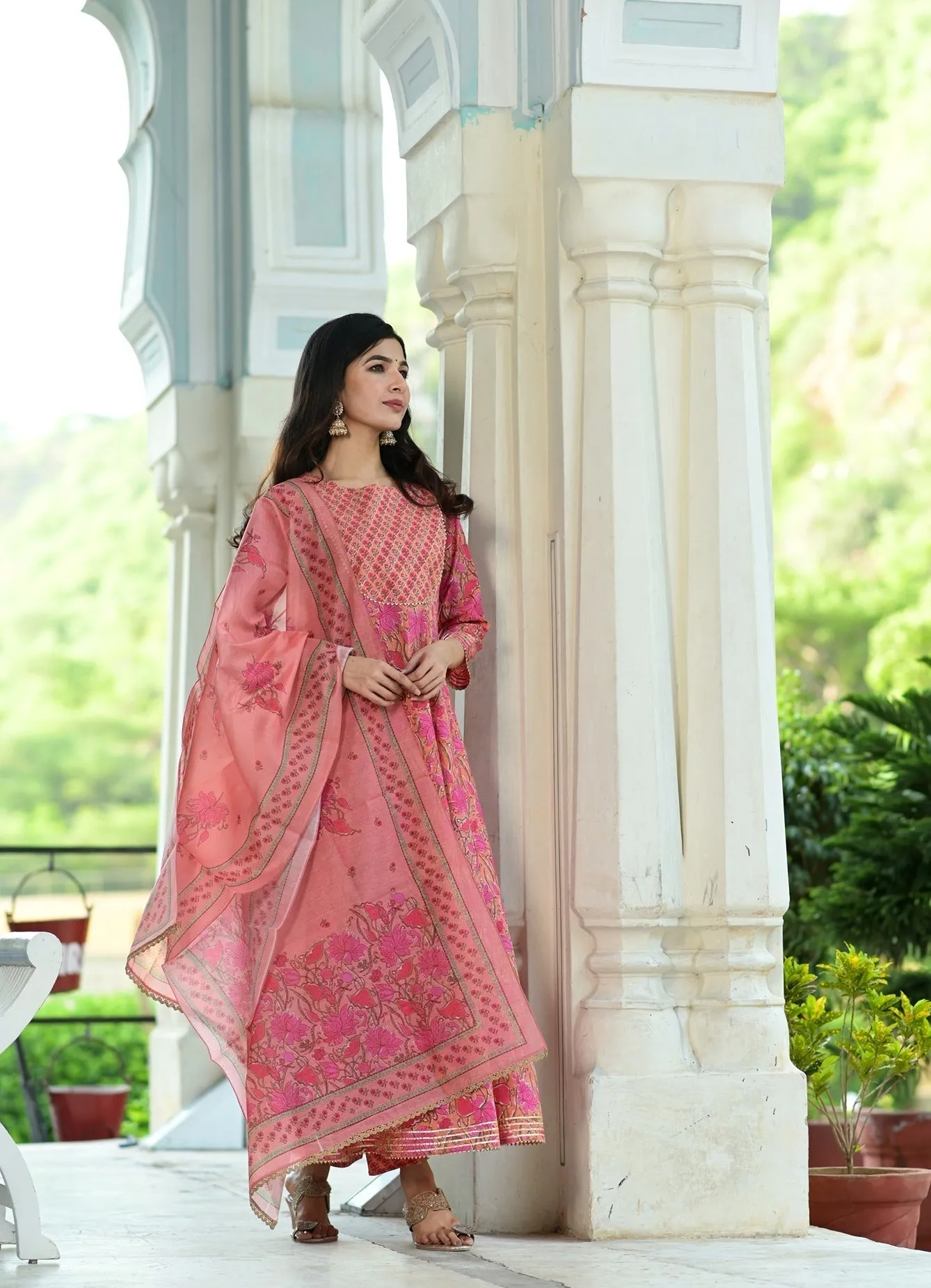 Pink Handblock Dupatta Set