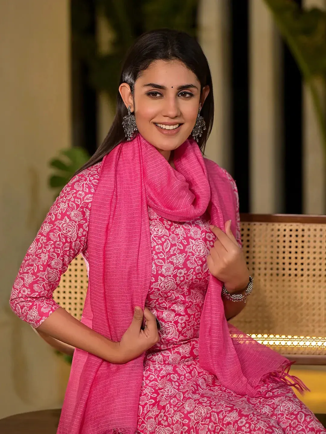 Pink Pure Cotton Floral Print Straight Kurta With Trousers And Dupatta Set