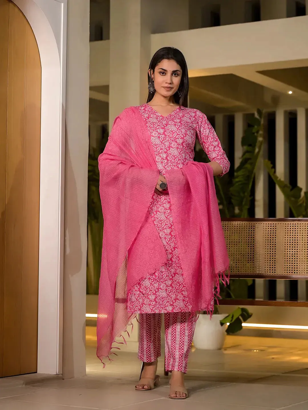 Pink Pure Cotton Floral Print Straight Kurta With Trousers And Dupatta Set