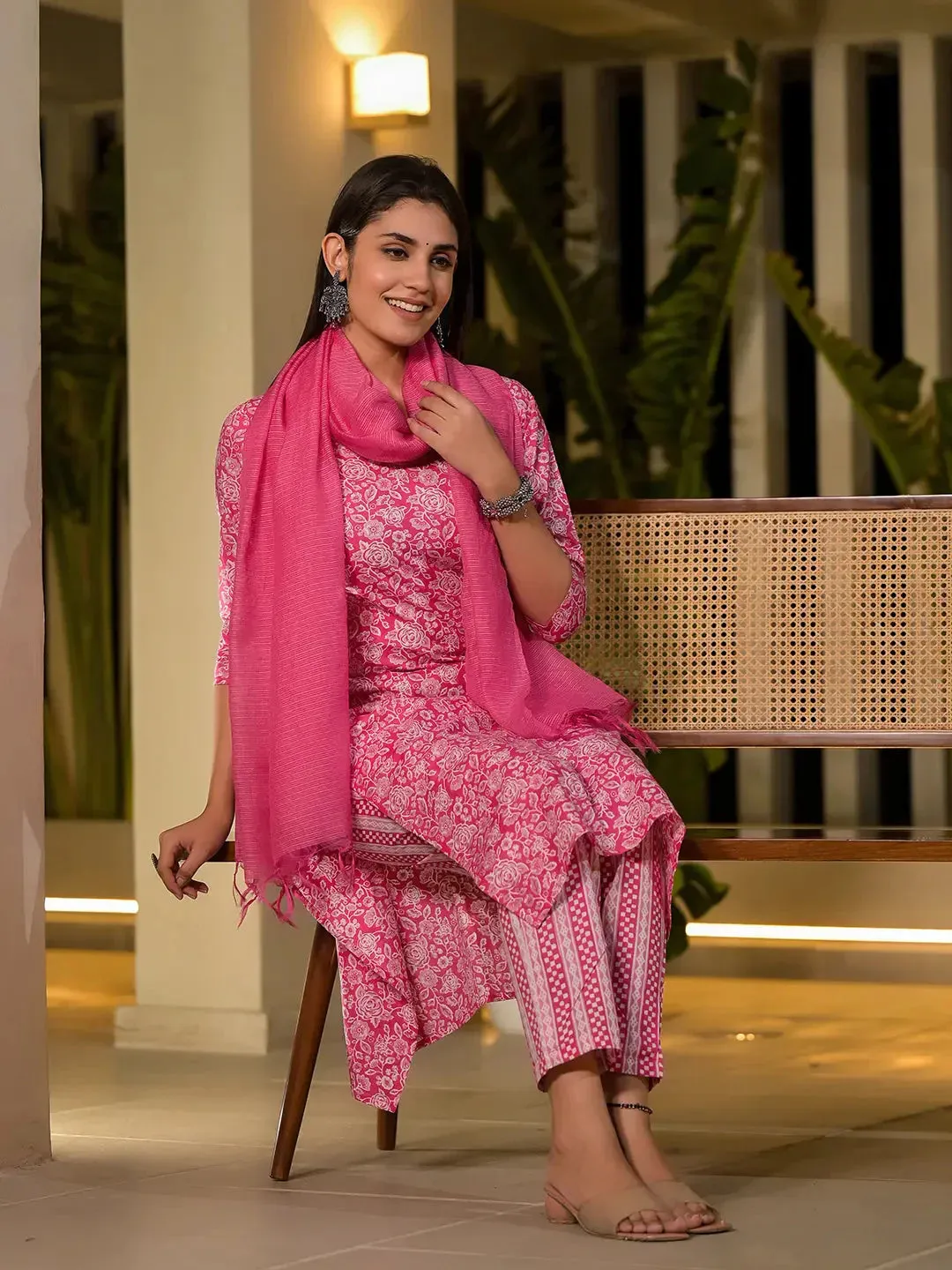 Pink Pure Cotton Floral Print Straight Kurta With Trousers And Dupatta Set