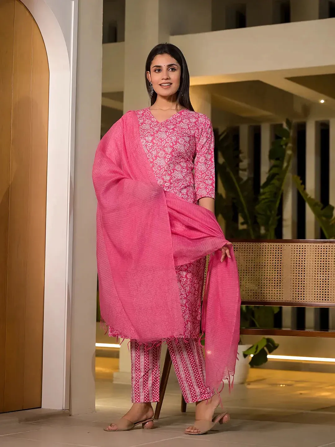 Pink Pure Cotton Floral Print Straight Kurta With Trousers And Dupatta Set