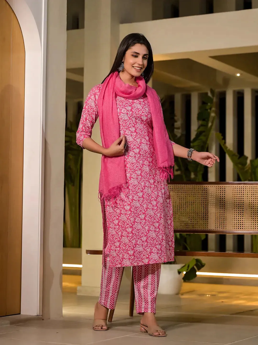 Pink Pure Cotton Floral Print Straight Kurta With Trousers And Dupatta Set