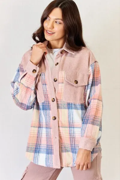 Plaid Colorblock Button Down Jacket